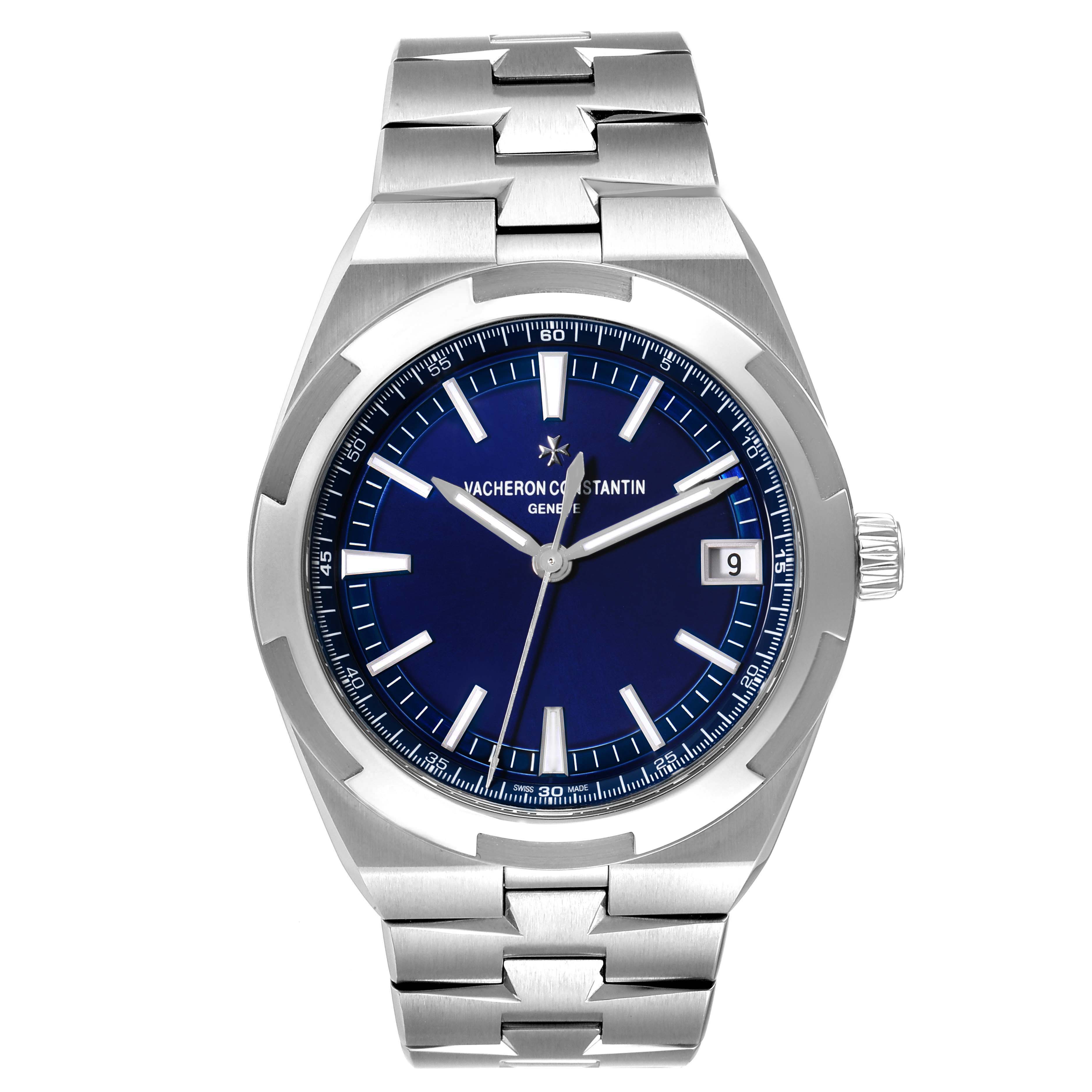 The image shows a front view of a Vacheron Constantin Overseas 4500V/110A-B128 Men's Stainless Steel Blue Dial 4500V/110A-B128 Men's Stainless Steel Blue Dial model watch, featuring a blue dial and stainless steel bracelet.