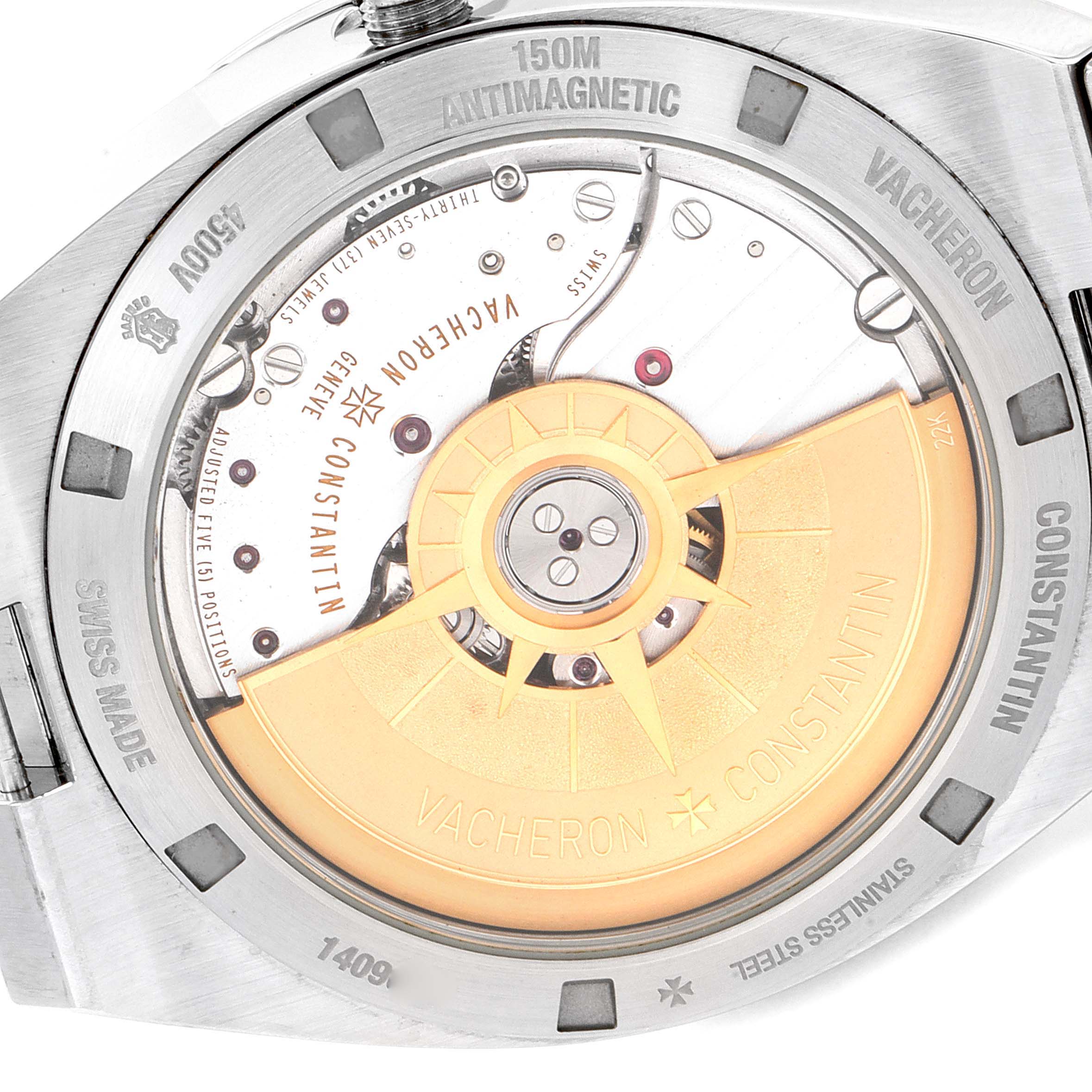 The image shows the backside of a Vacheron Constantin Overseas 4500V/110A-B128 Men's Stainless Steel Blue Dial 4500V/110A-B128 Men's Stainless Steel Blue Dial watch, focusing on its movement and rotor.