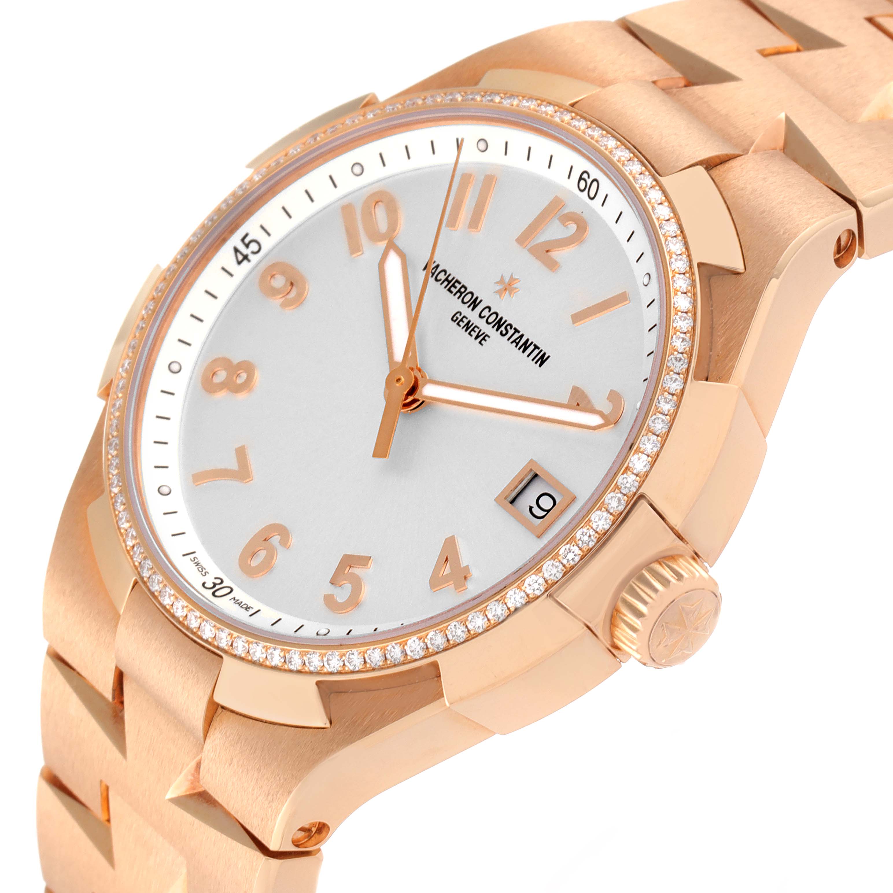 The Vacheron Constantin Overseas 47560/D01R-9672 Women's Rose Gold Silver Dial 47560/D01R-9672 Women's Rose Gold Silver Dial model watch is shown at an angle highlighting the face, dial, bezel, and part of the bracelet.