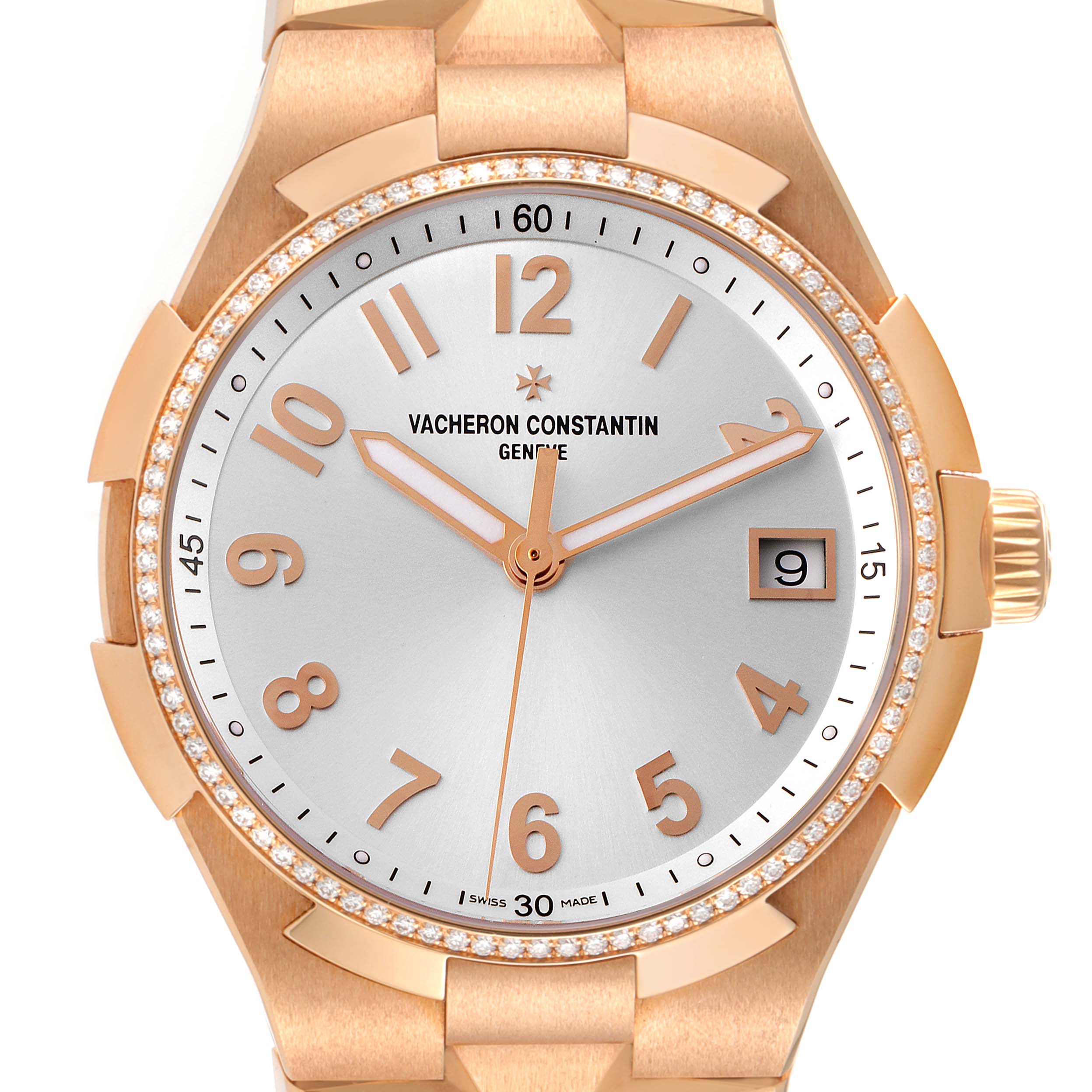 The image shows a front view of the Vacheron Constantin Overseas 47560/D01R-9672 Women's Rose Gold Silver Dial 47560/D01R-9672 Women's Rose Gold Silver Dial model watch, highlighting its face, bezel, and part of the bracelet.
