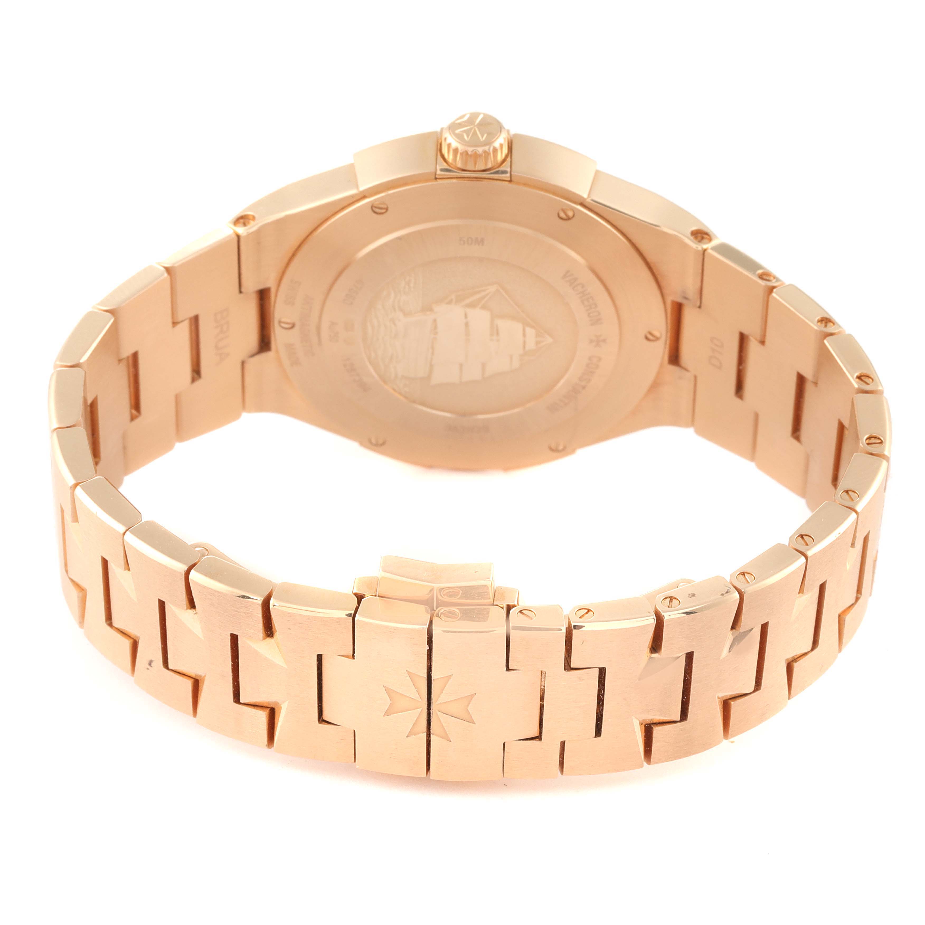 The image shows the rear case and bracelet of a Vacheron Constantin Overseas 47560/D01R-9672 Women's Rose Gold Silver Dial 47560/D01R-9672 Women's Rose Gold Silver Dial model watch.