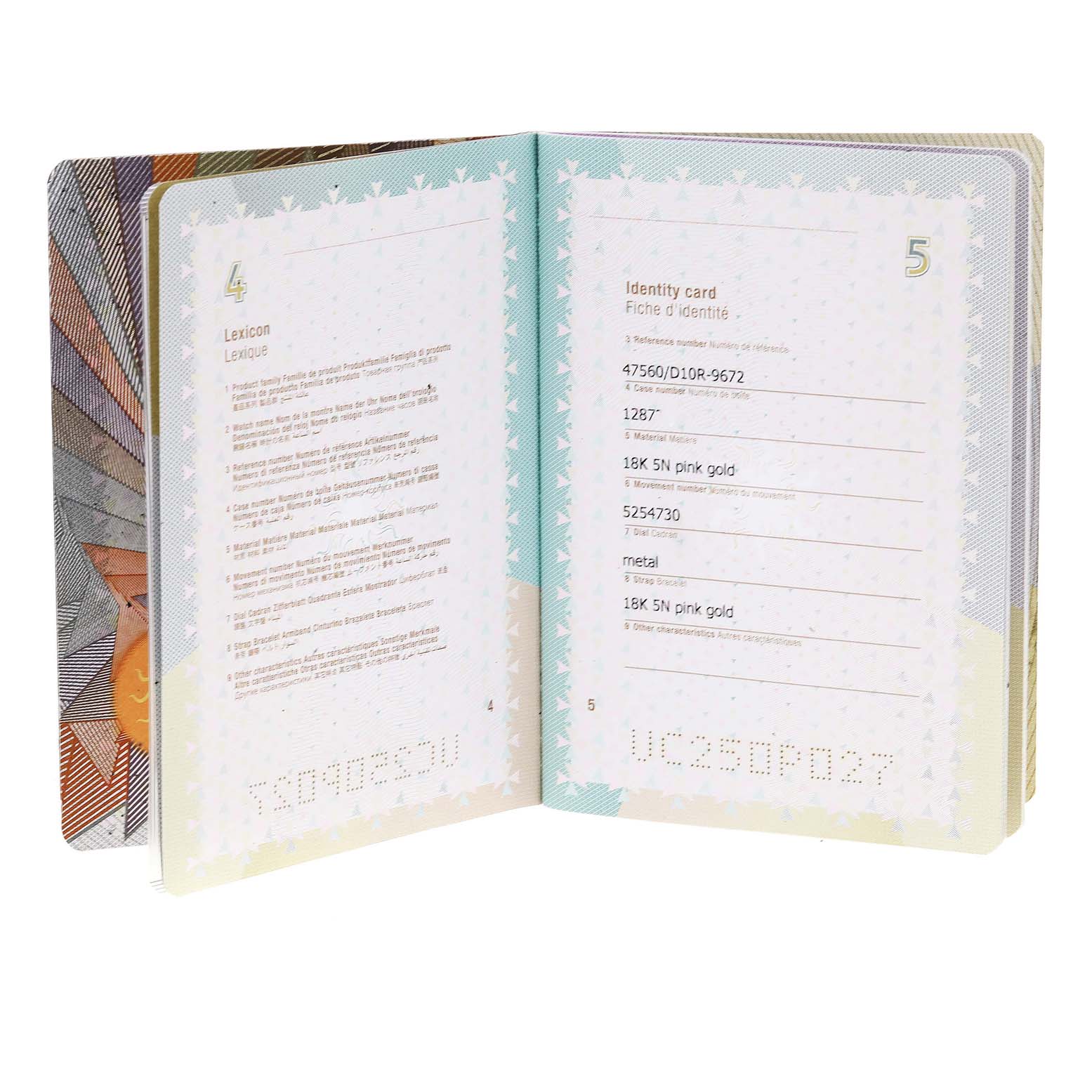 The image shows the Vacheron Constantin Overseas 47560/D01R-9672 Women's Rose Gold Silver Dial 47560/D01R-9672 Women's Rose Gold Silver Dial model's open documentation booklet at an angle, revealing the identity card and lexicon pages.