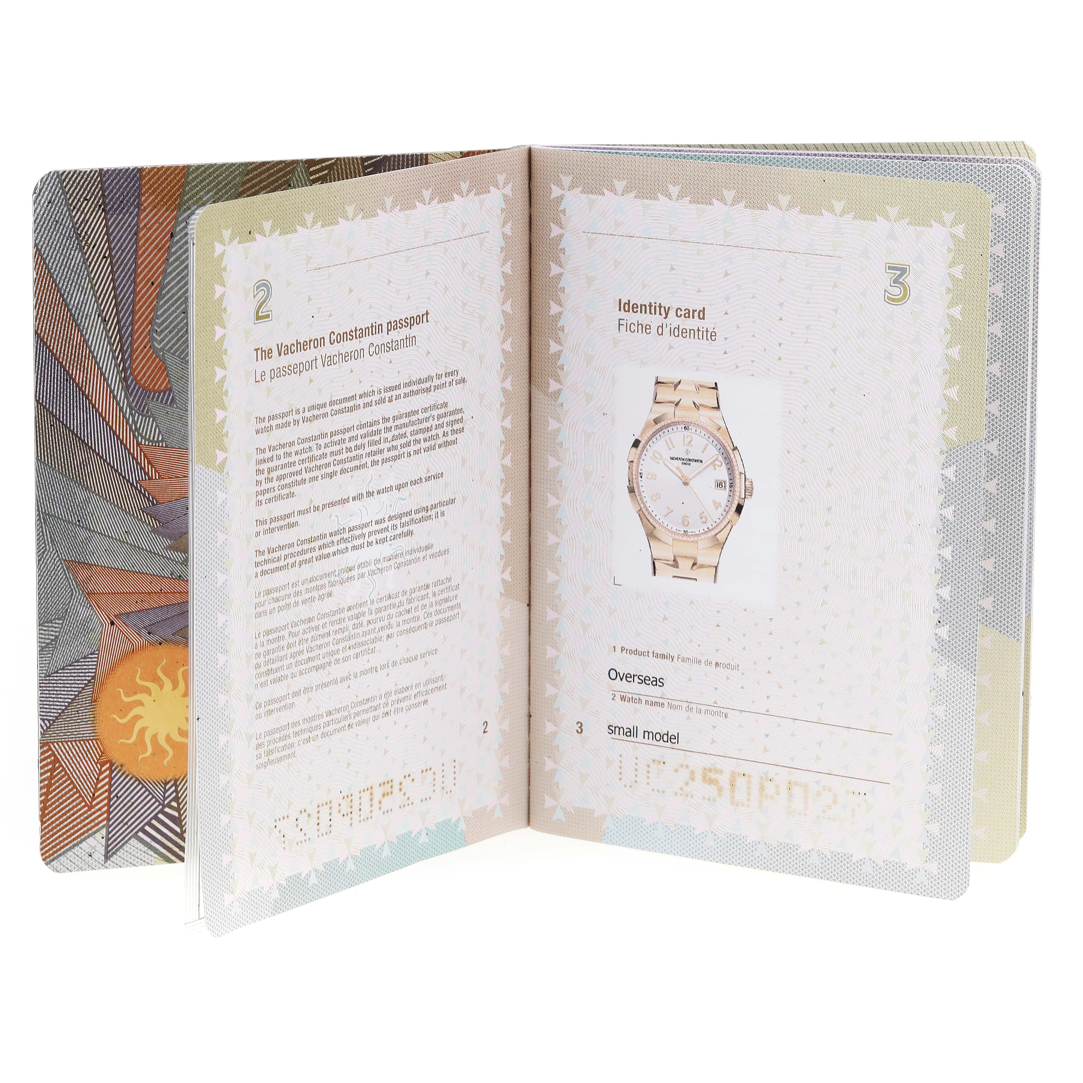 This image shows the open identity card (passport) of the Vacheron Constantin Overseas 47560/D01R-9672 Women's Rose Gold Silver Dial 47560/D01R-9672 Women's Rose Gold Silver Dial model watch.
