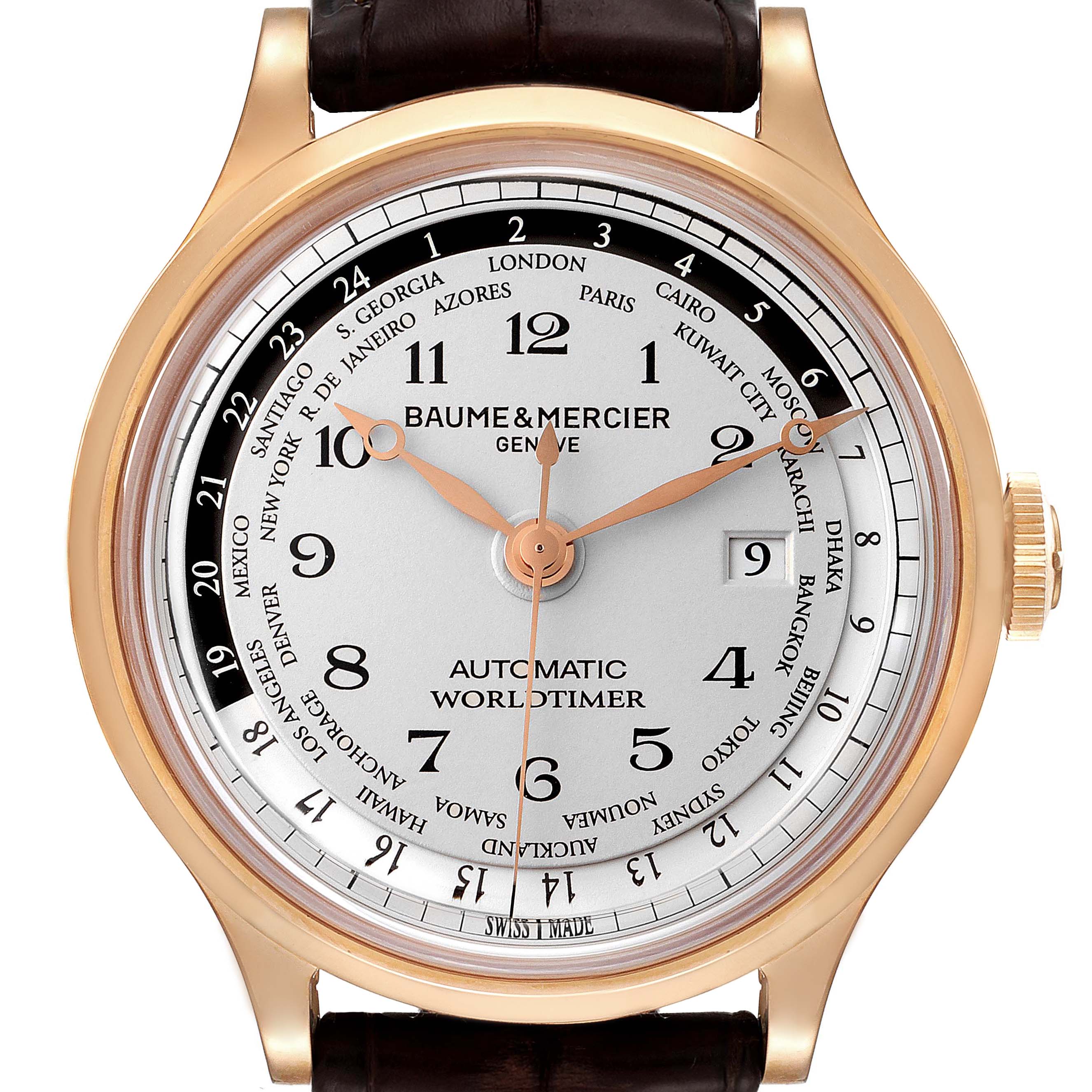 This image shows a close-up of the Baume & Mercier Capeland M0A10107 Men's Rose Gold Silver Dial M0A10107 Men's Rose Gold Silver Dial watch face with worldtime functions.