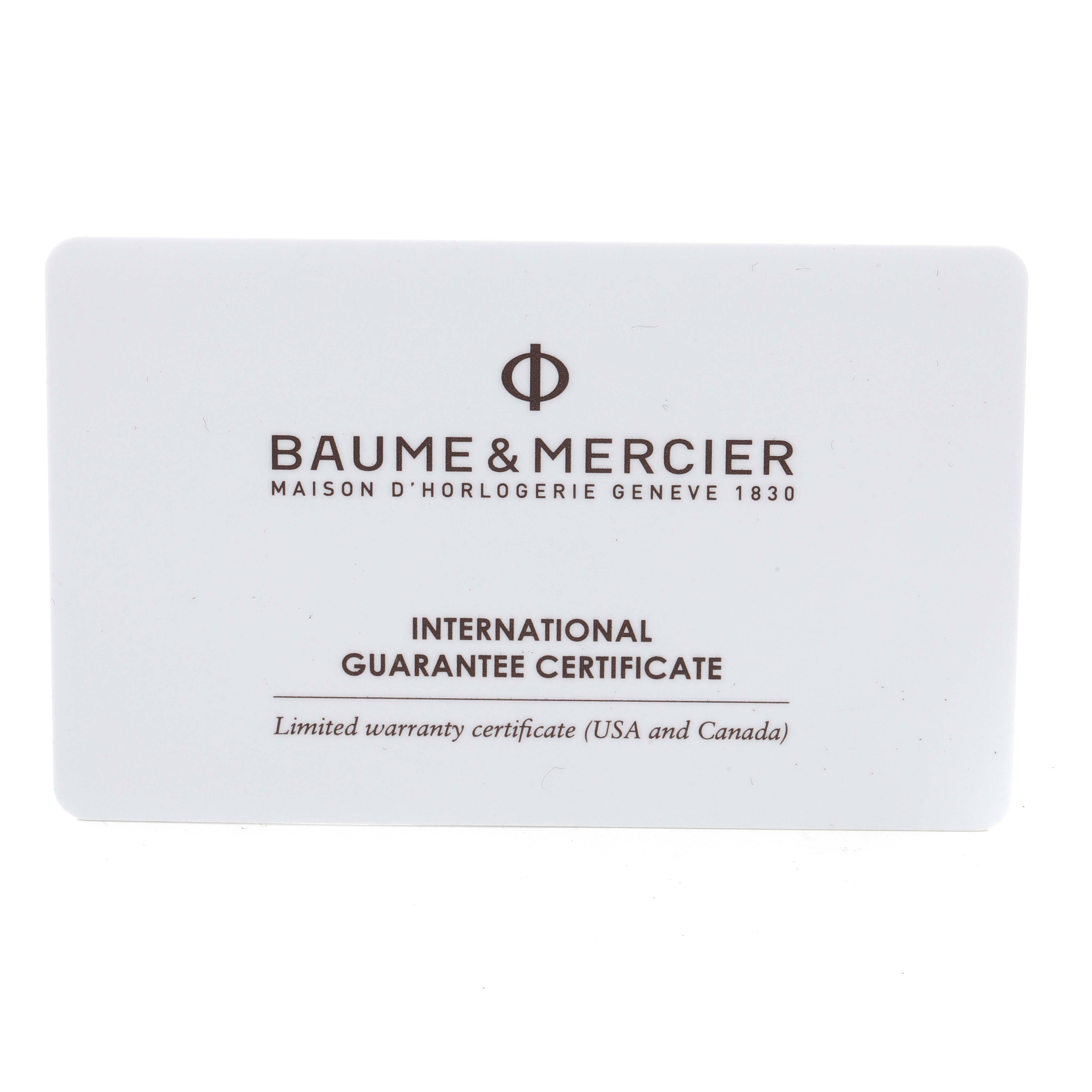 The image shows the Baume & Mercier Capeland M0A10107 Men's Rose Gold Silver Dial M0A10107 Men's Rose Gold Silver Dial model's International Guarantee Certificate.