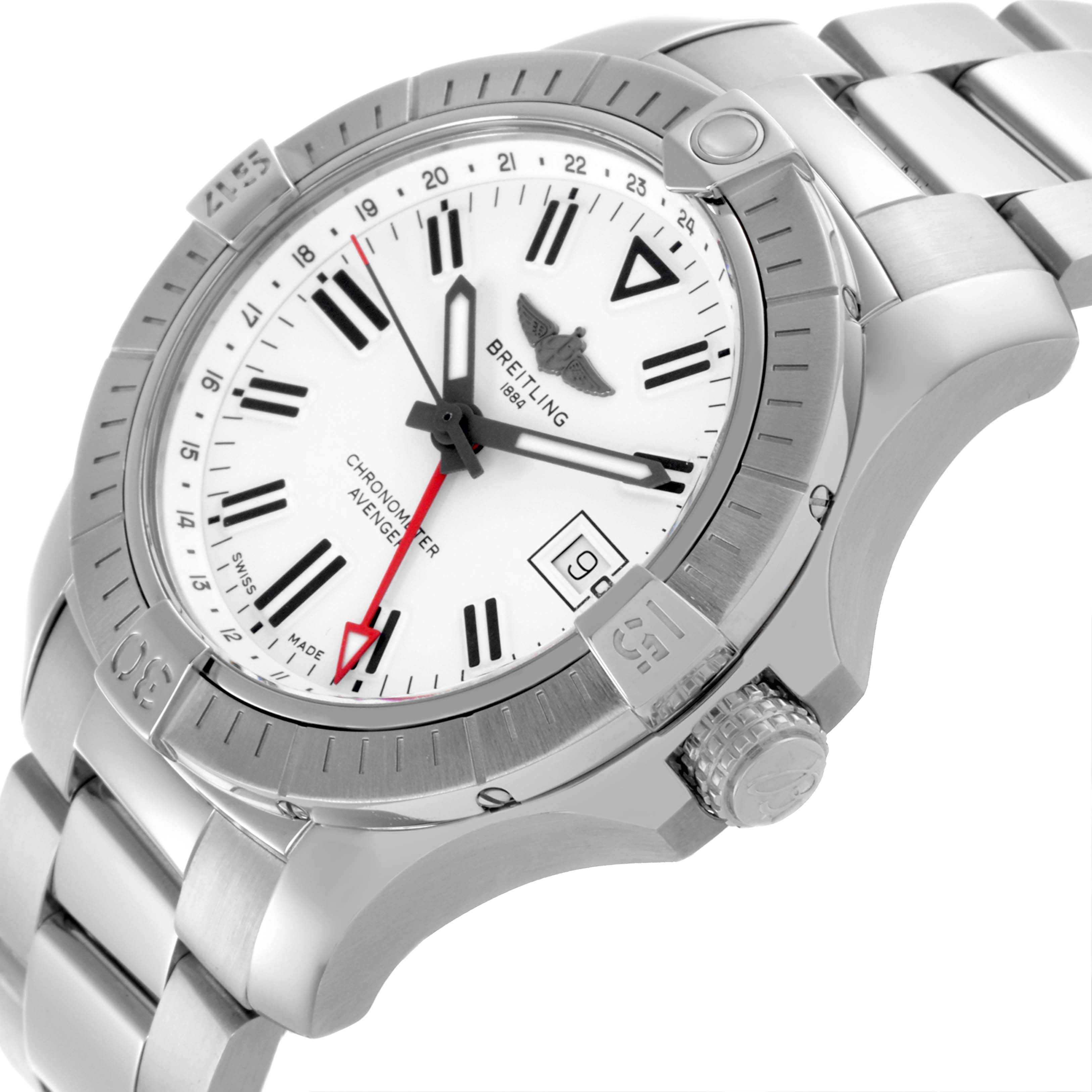 The Breitling Avenger A32397 Men's Stainless Steel White Dial A32397 Men's Stainless Steel White Dial watch is shown at an angle highlighting the dial, bezel, crown, and stainless steel bracelet.