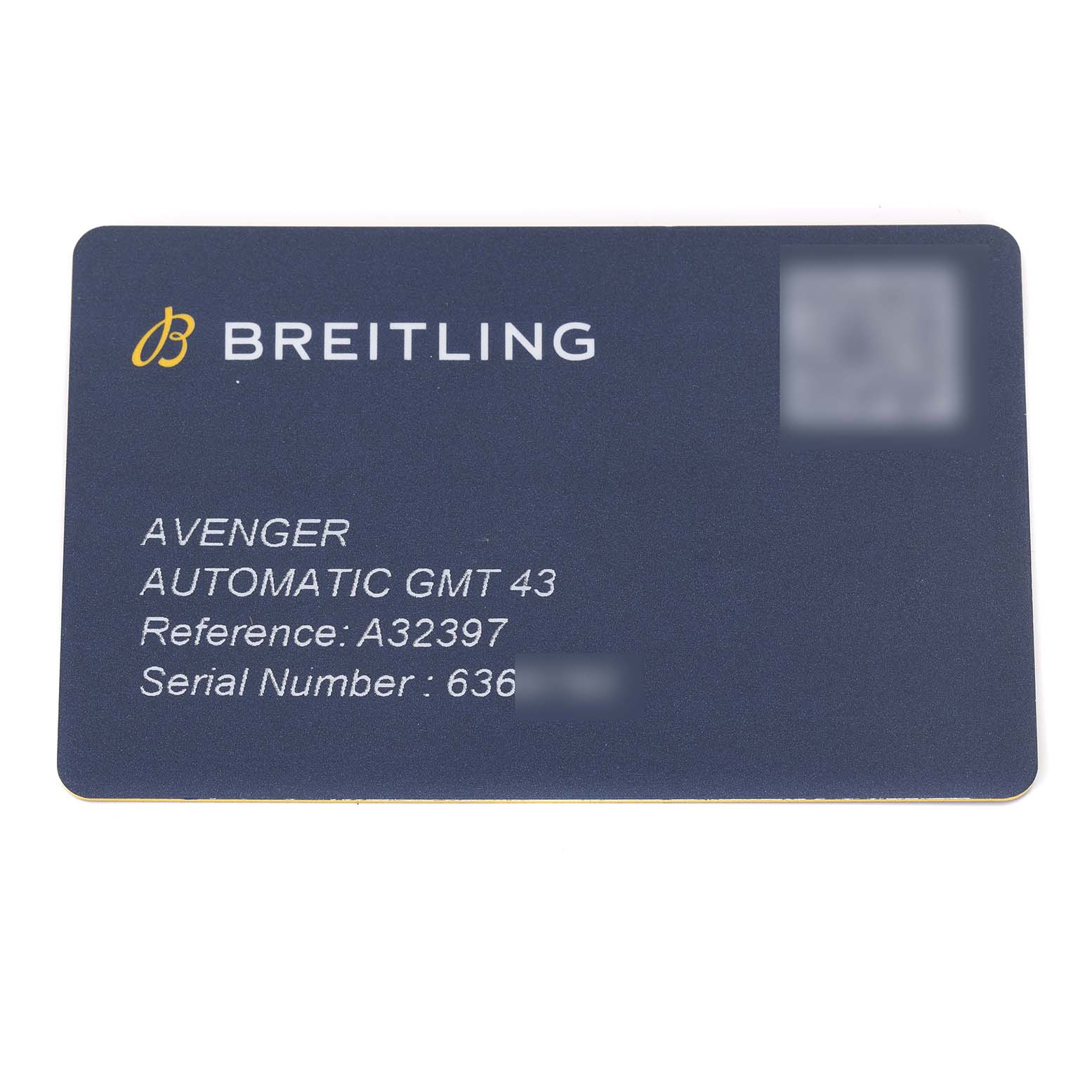 The image shows a card displaying details of the Breitling Avenger A32397 Men's Stainless Steel White Dial A32397 Men's Stainless Steel White Dial Automatic GMT 43, including its reference and serial number.