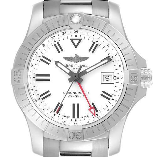 The Breitling Avenger watch is shown front-facing, highlighting its bezel, dial, hands, and bracelet.