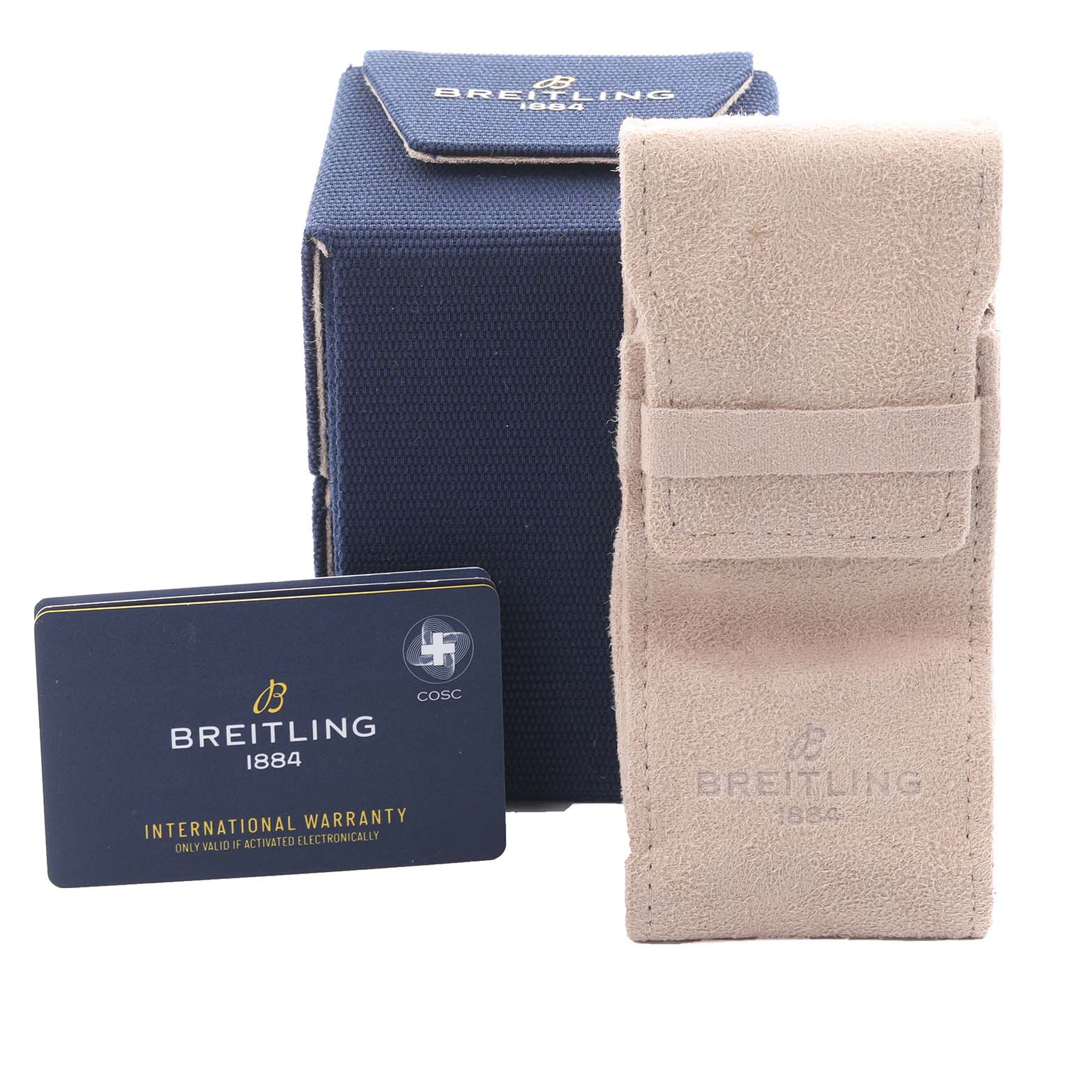 The image shows a Breitling Avenger A32397 Men's Stainless Steel White Dial A32397 Men's Stainless Steel White Dial watch box, a beige suede pouch, and an international warranty card.