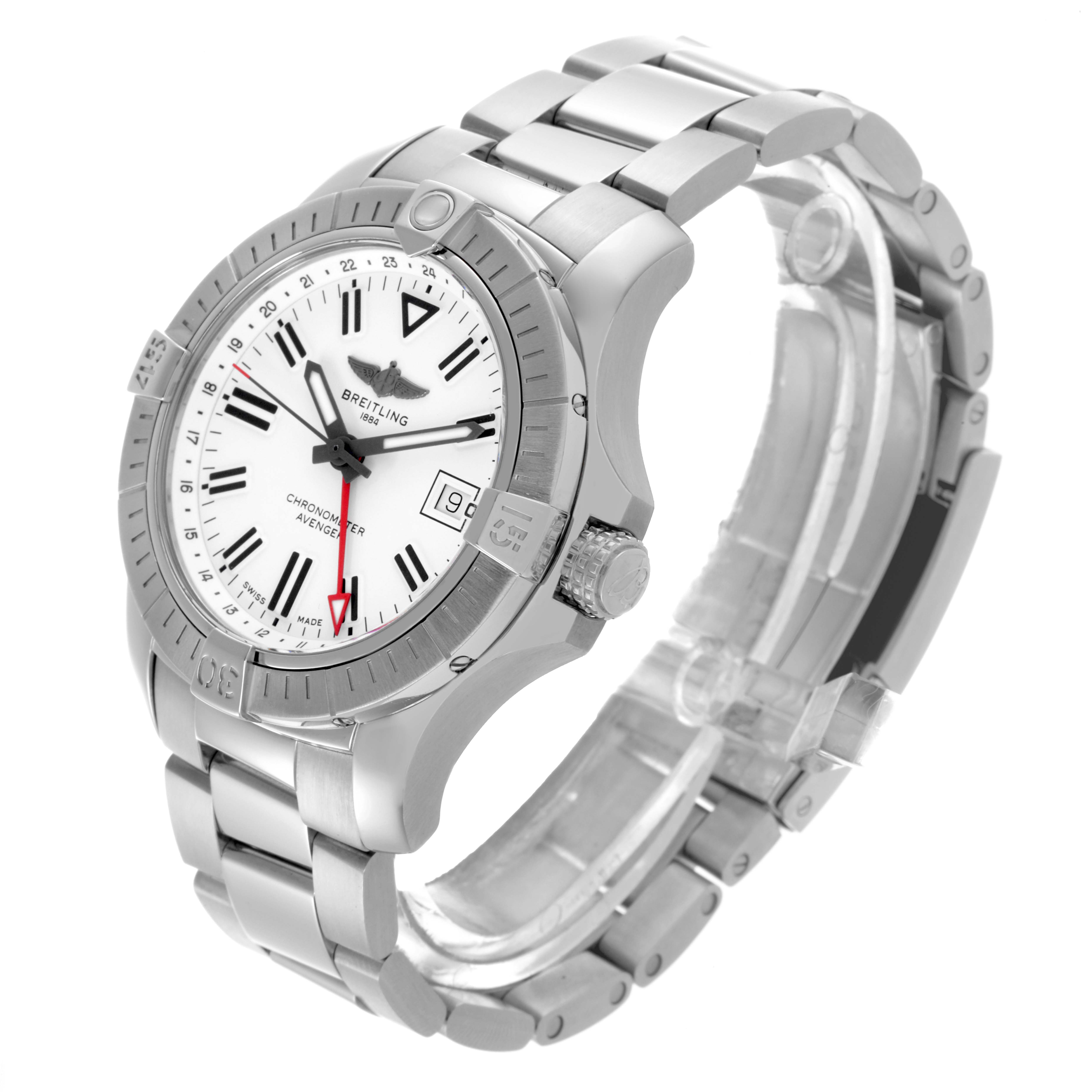 The Breitling Avenger A32397 Men's Stainless Steel White Dial A32397 Men's Stainless Steel White Dial watch is viewed at a three-quarter angle, showing the face, bezel, crown, and metal bracelet.