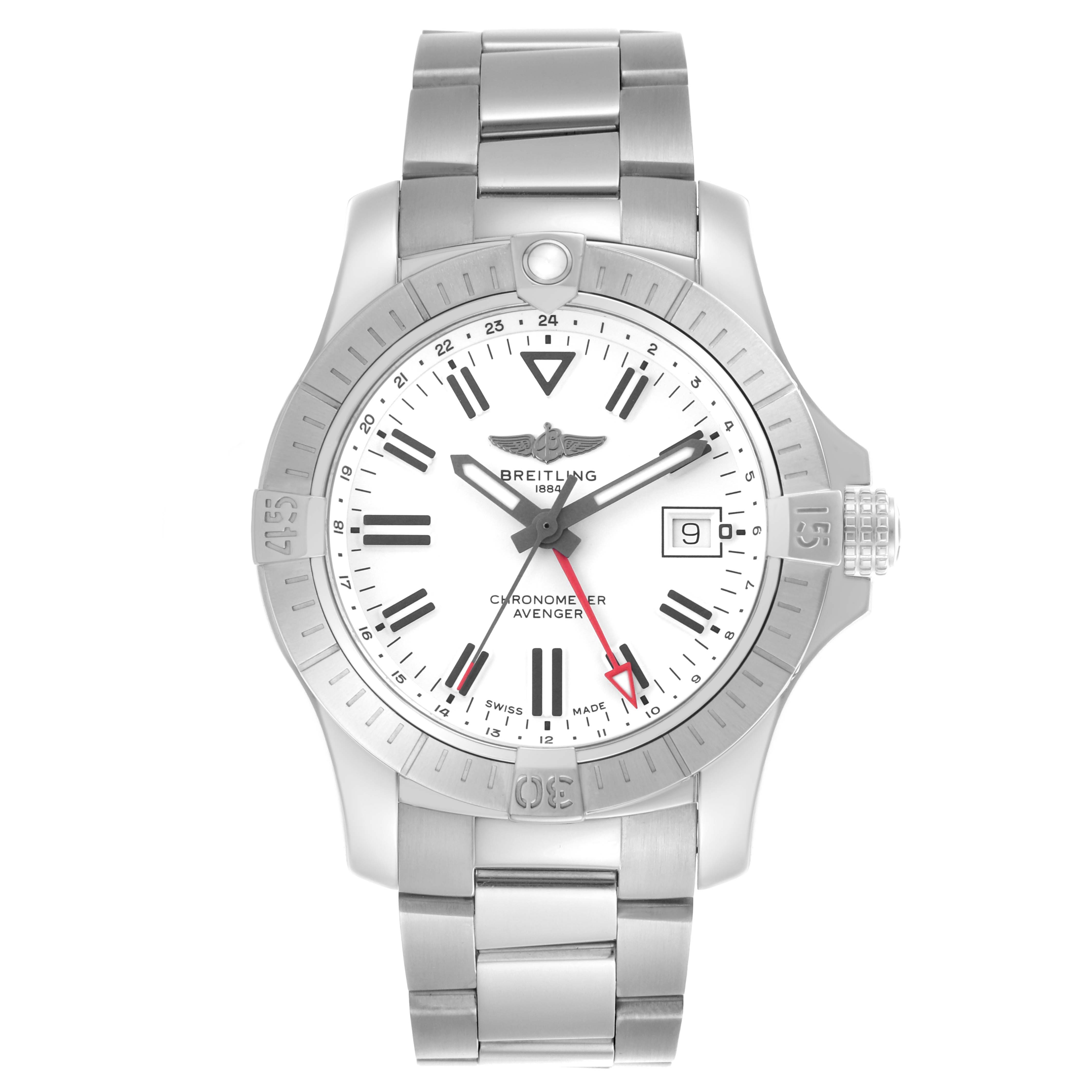 The Breitling Avenger A32397 Men's Stainless Steel White Dial A32397 Men's Stainless Steel White Dial watch is shown from a front angle, displaying its bezel, dial, hands, date window, and metal bracelet.