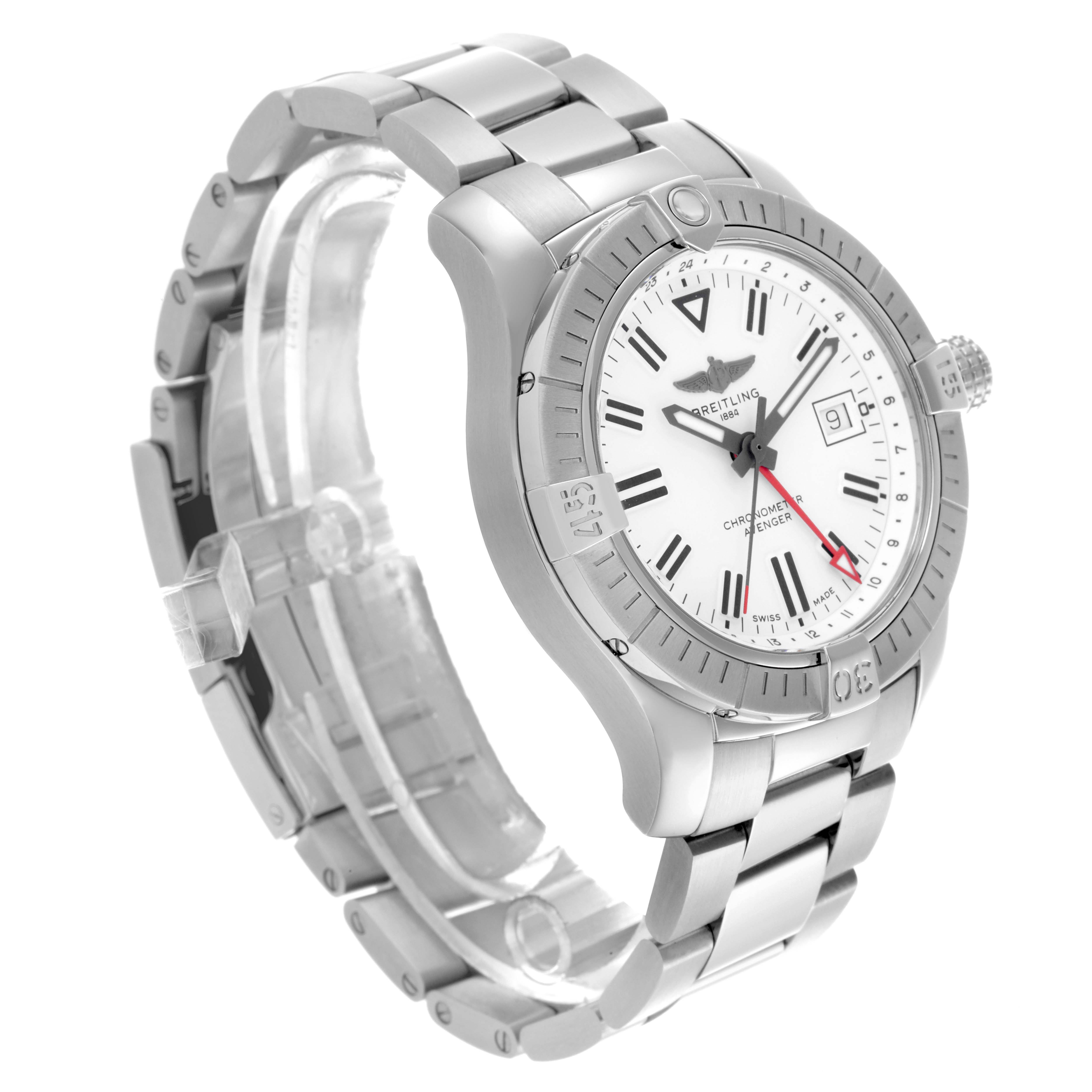 The Breitling Avenger A32397 Men's Stainless Steel White Dial A32397 Men's Stainless Steel White Dial watch is shown at a three-quarter angle, highlighting the dial, bezel, and stainless steel bracelet.