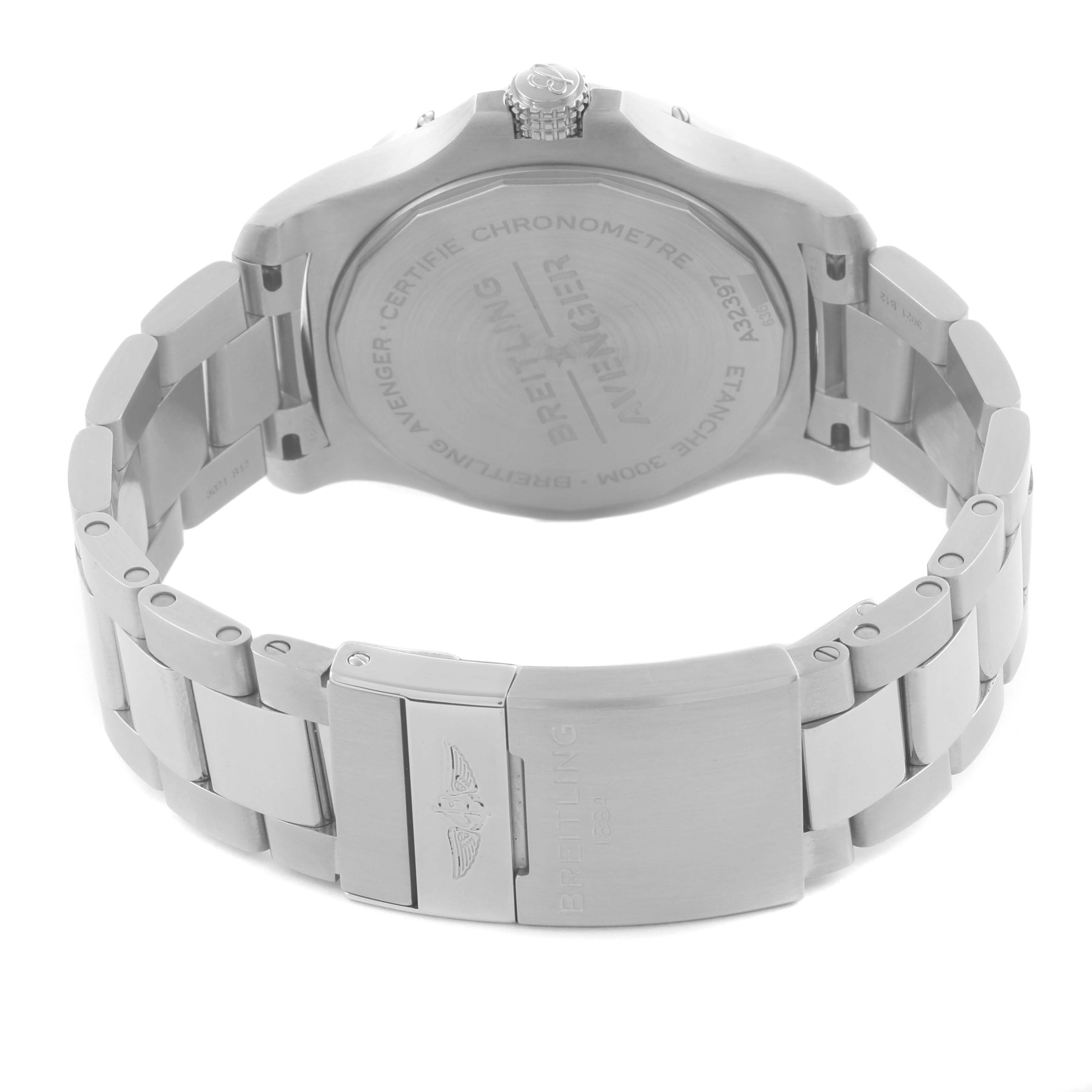 The image shows the back case and bracelet clasp of a Breitling Avenger A32397 Men's Stainless Steel White Dial A32397 Men's Stainless Steel White Dial watch from a rear angle.