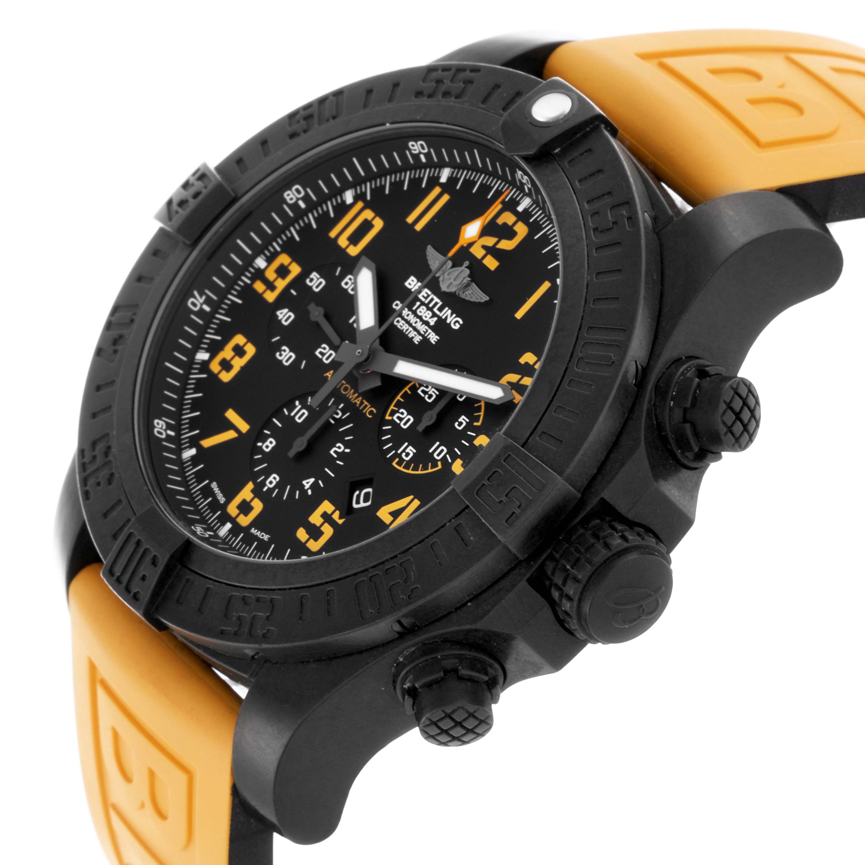 The Breitling Avenger XB01701A/BF92 Men's Ceramic Black Dial XB01701A/BF92 Men's Ceramic Black Dial watch is shown at a tilted angle, highlighting its black dial, bezel, crown, pushers, and yellow strap.