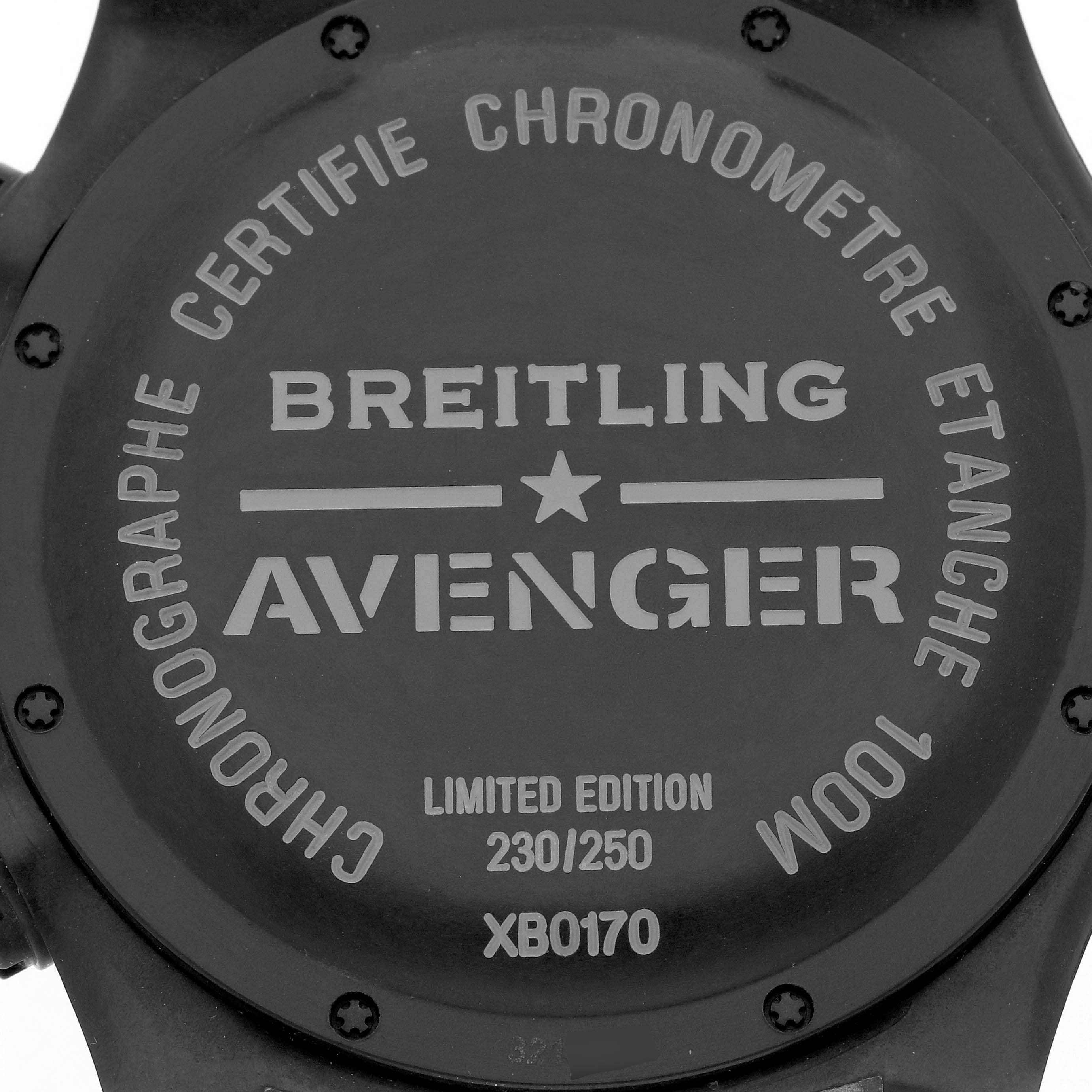 The image shows the case back of a Breitling Avenger XB01701A/BF92 Men's Ceramic Black Dial XB01701A/BF92 Men's Ceramic Black Dial watch, highlighting the limited edition details.