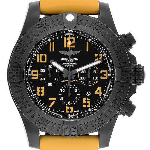 This Breitling Avenger watch is shown from the front, highlighting the dial, bezel, sub-dials, and the crown on the side.