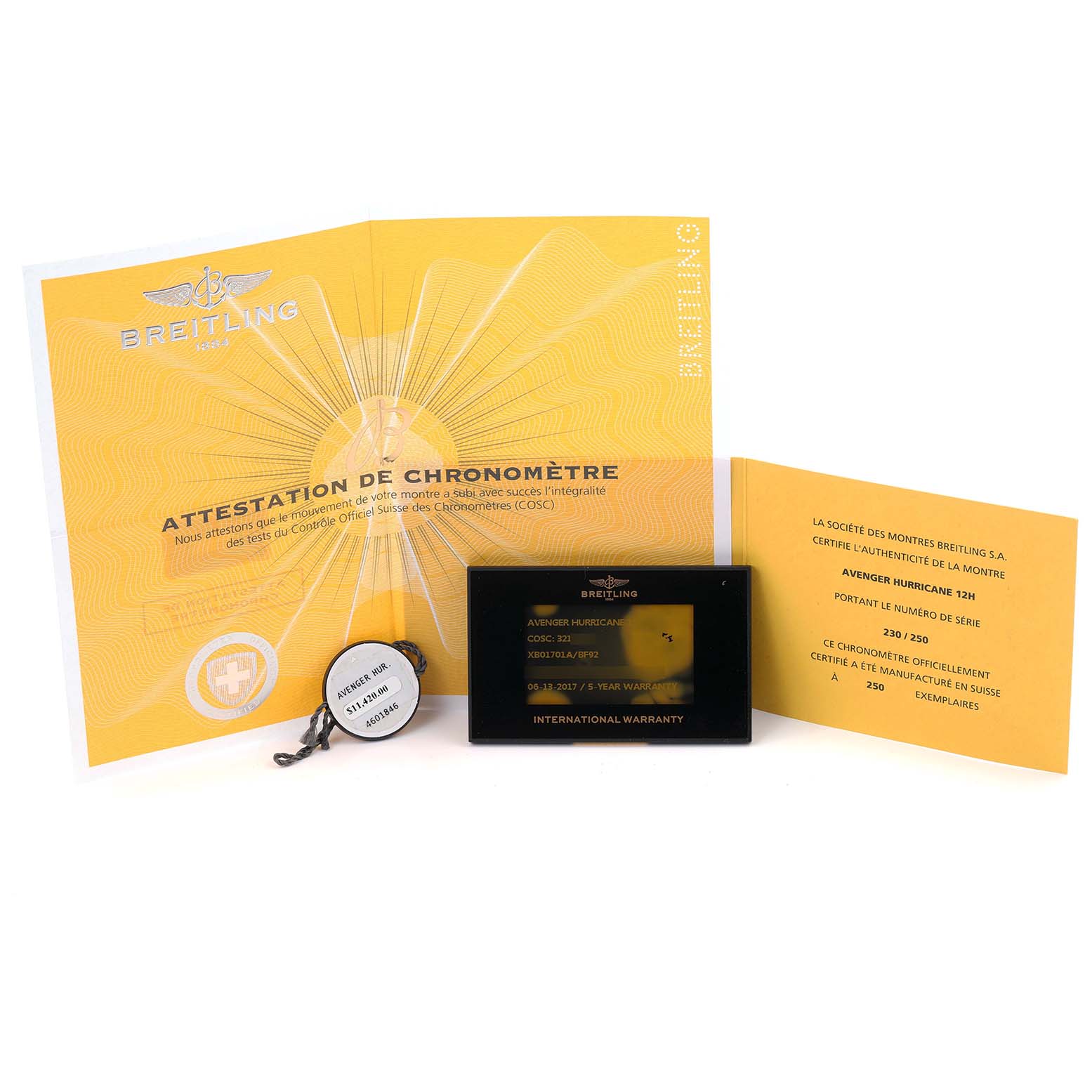 The image shows certificates and warranty documents for the Breitling Avenger XB01701A/BF92 Men's Ceramic Black Dial XB01701A/BF92 Men's Ceramic Black Dial model.