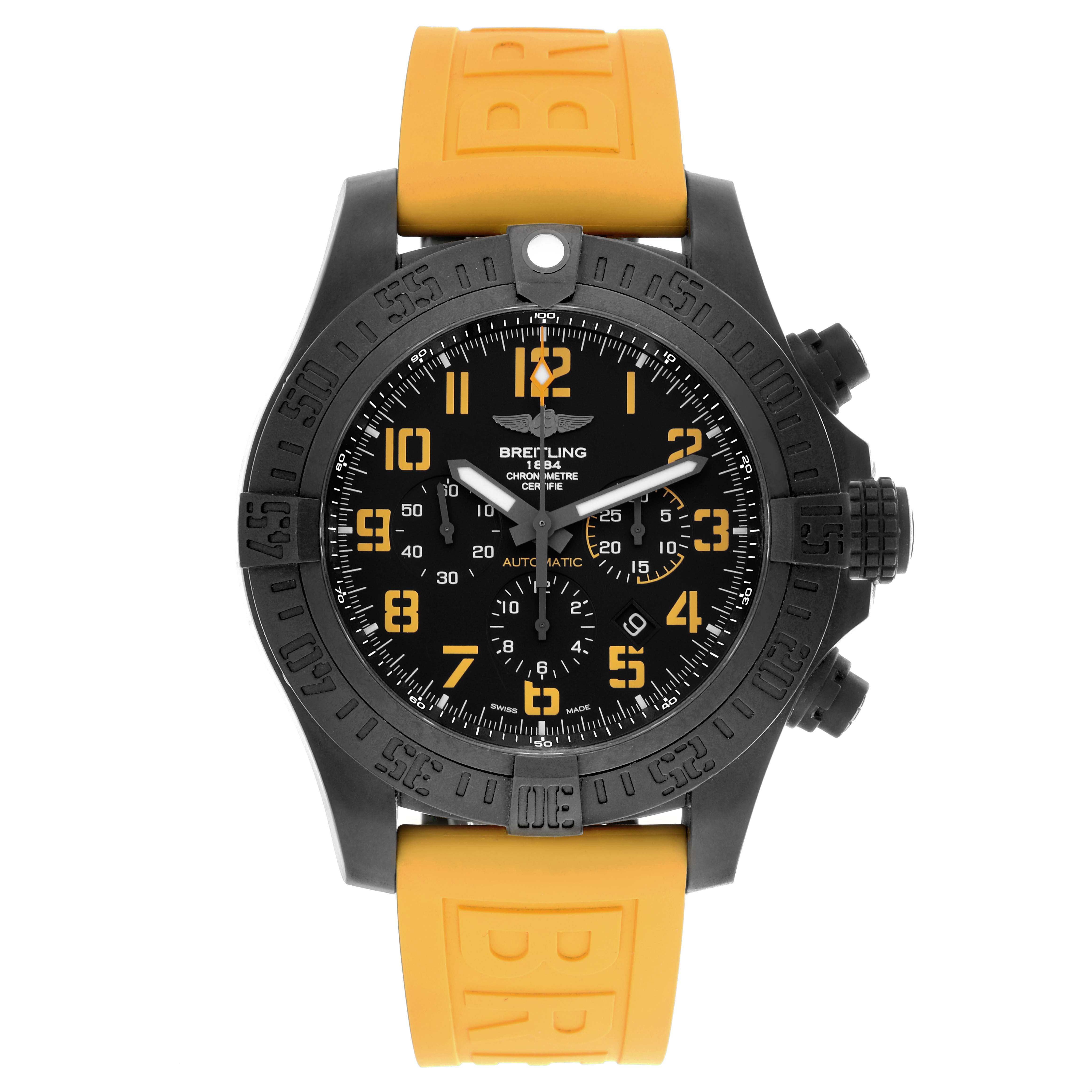 The Breitling Avenger XB01701A/BF92 Men's Ceramic Black Dial XB01701A/BF92 Men's Ceramic Black Dial watch is shown from a frontal angle, featuring a black bezel, dial with yellow numerals, and a yellow strap.