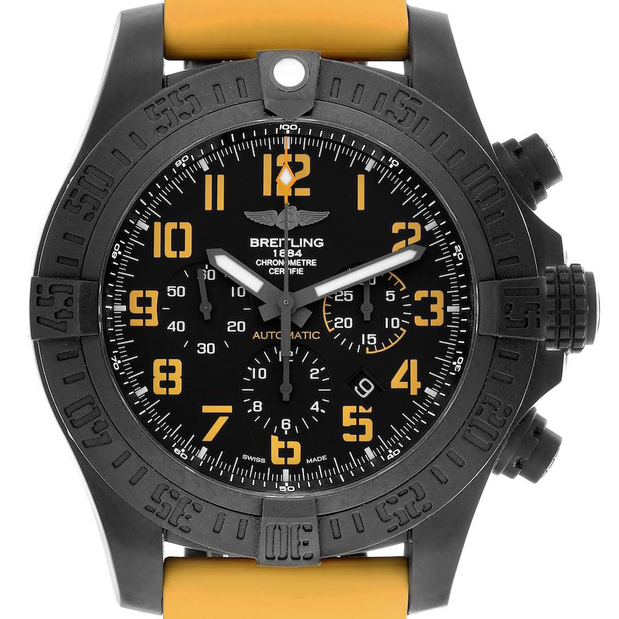 The Breitling Avenger watch is shown from the front, highlighting the face, bezel, and pushers.