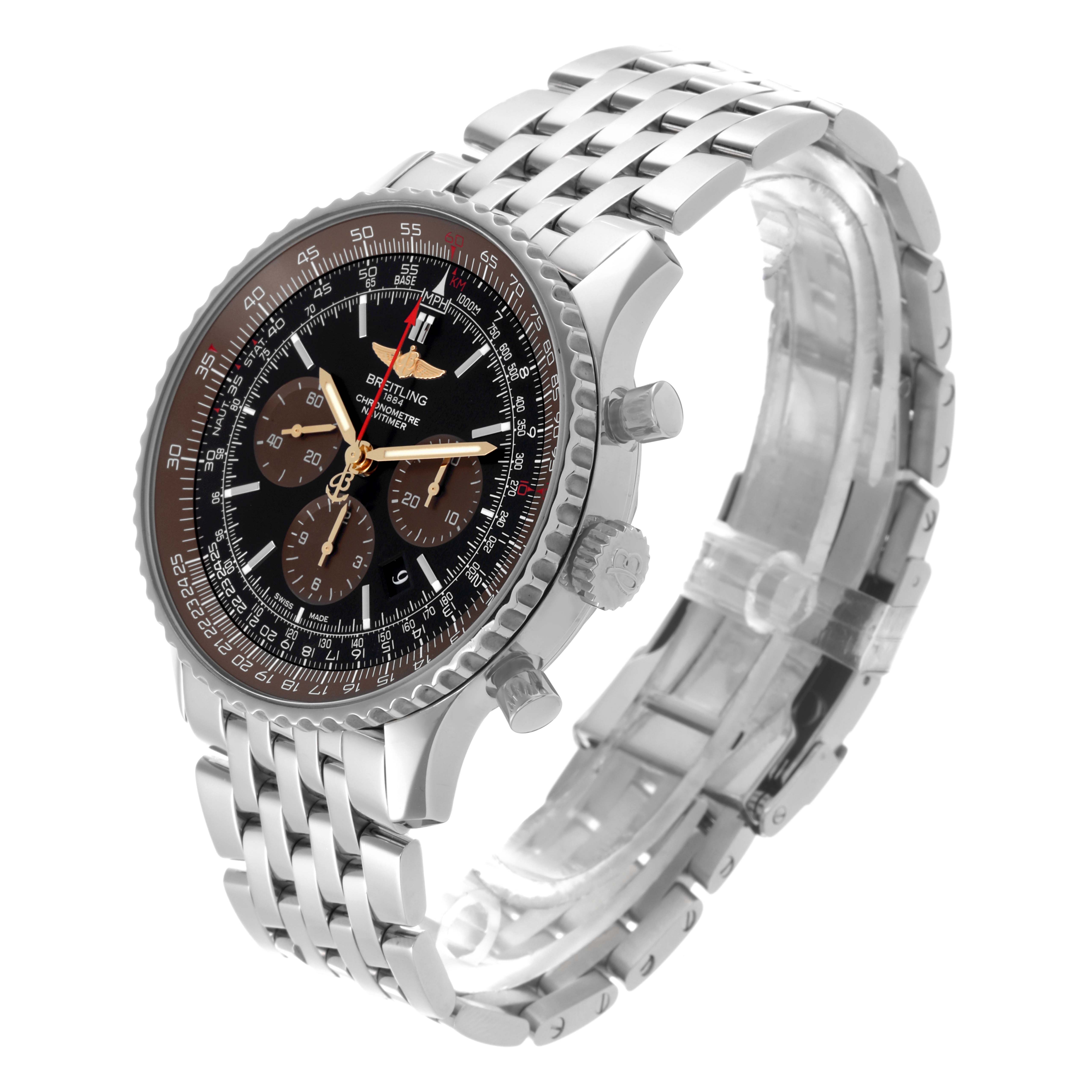 The Breitling Navitimer AB0127E3/BE81 Men
s Stainless Steel Black Dial AB0127E3/BE81 Men
s Stainless Steel Black Dial watch is shown at an oblique angle, highlighting the face, bezel, chronograph dials, and metal bracelet.