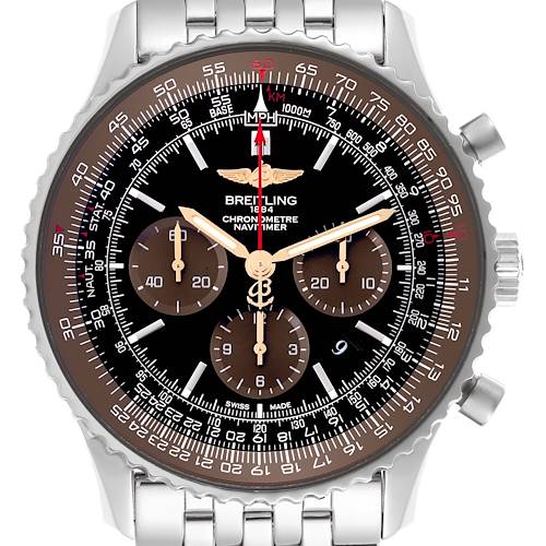 The Breitling Navitimer watch is shown from the front, highlighting its dial, subdials, bezel, and bracelet.