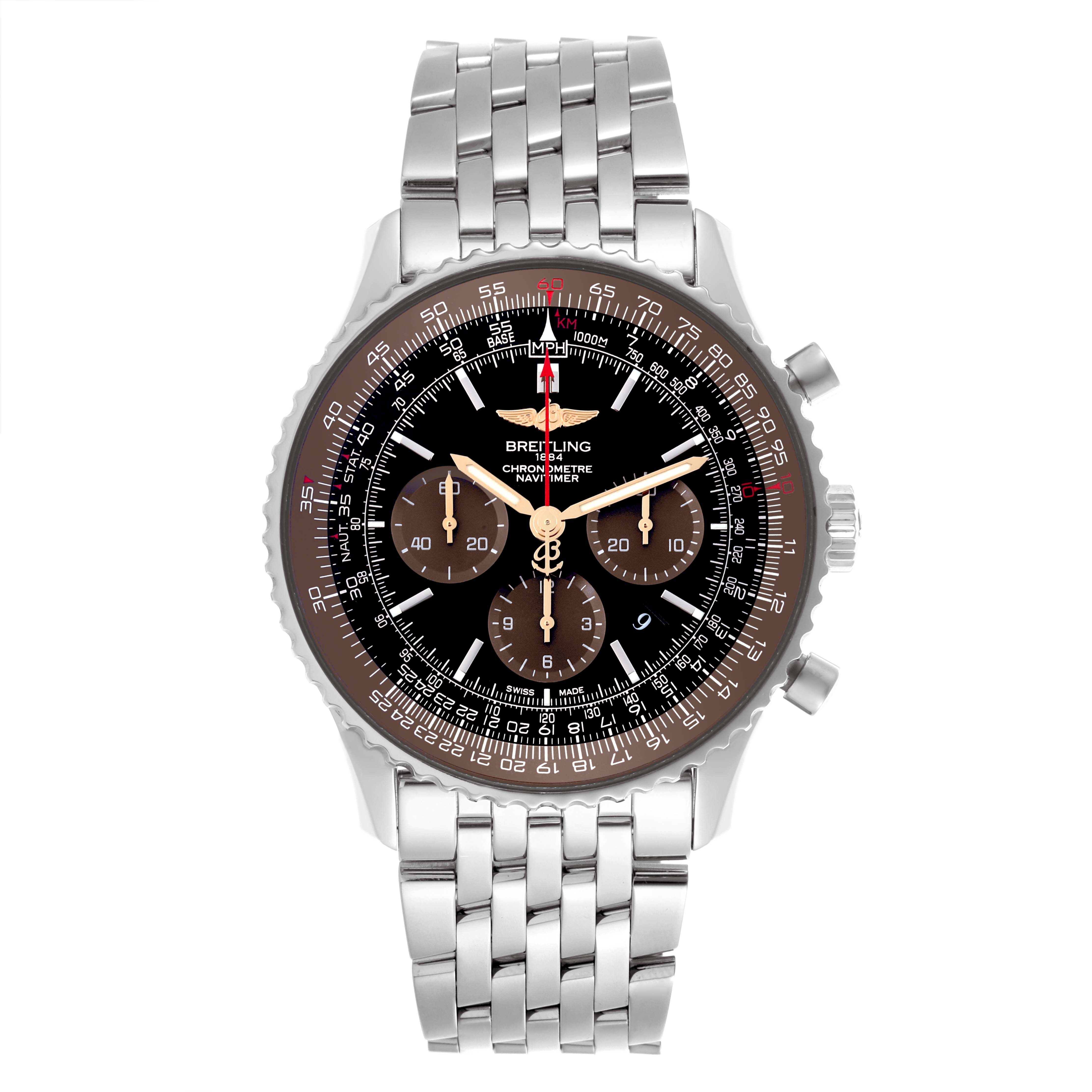 The image shows a front view of the Breitling Navitimer AB0127E3/BE81 Men
s Stainless Steel Black Dial AB0127E3/BE81 Men
s Stainless Steel Black Dial watch, detailing the face, bezel, chronograph dials, and metallic bracelet.