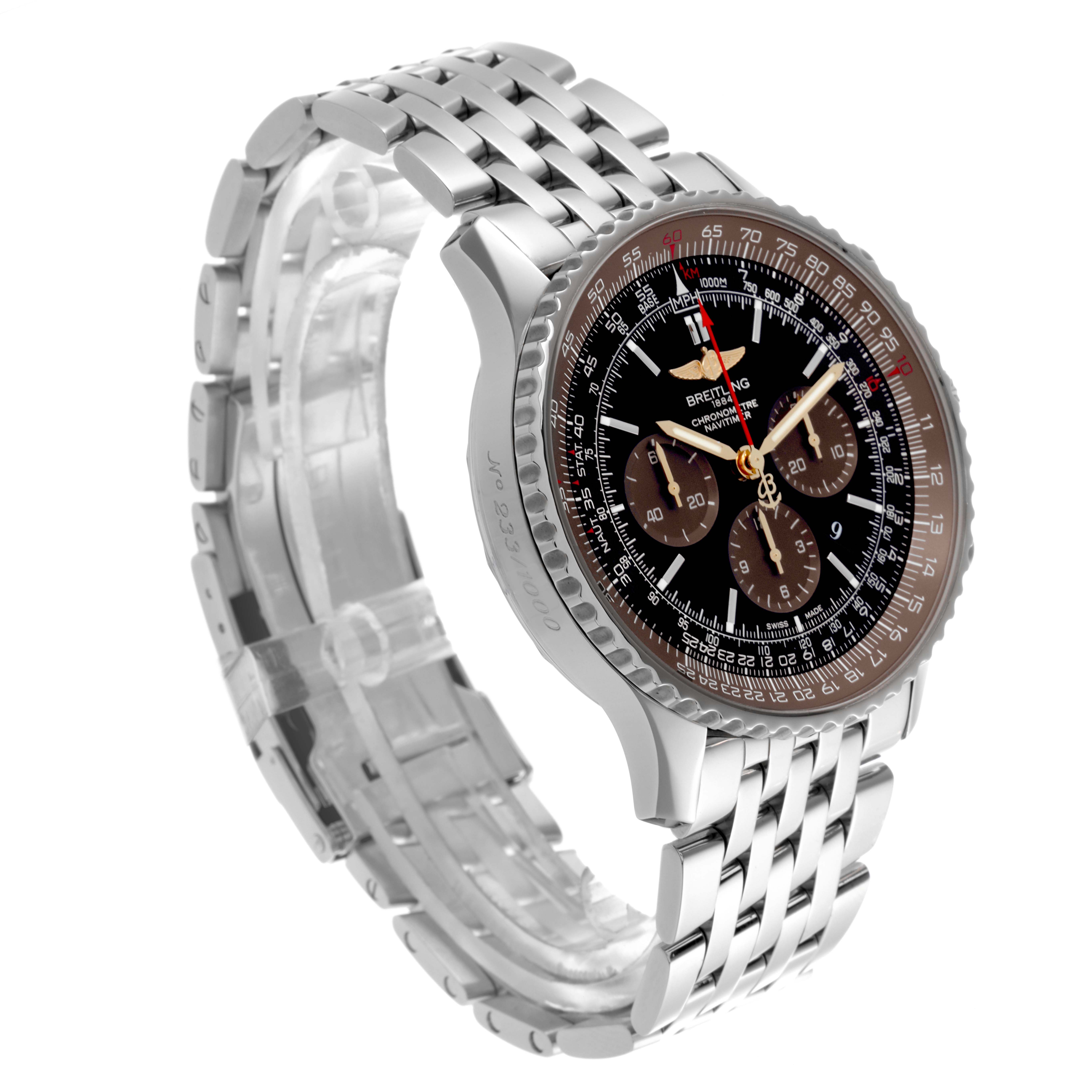 The Breitling Navitimer AB0127E3/BE81 Men
s Stainless Steel Black Dial AB0127E3/BE81 Men
s Stainless Steel Black Dial watch is shown at an angled view highlighting the face, bezel, and metal bracelet.