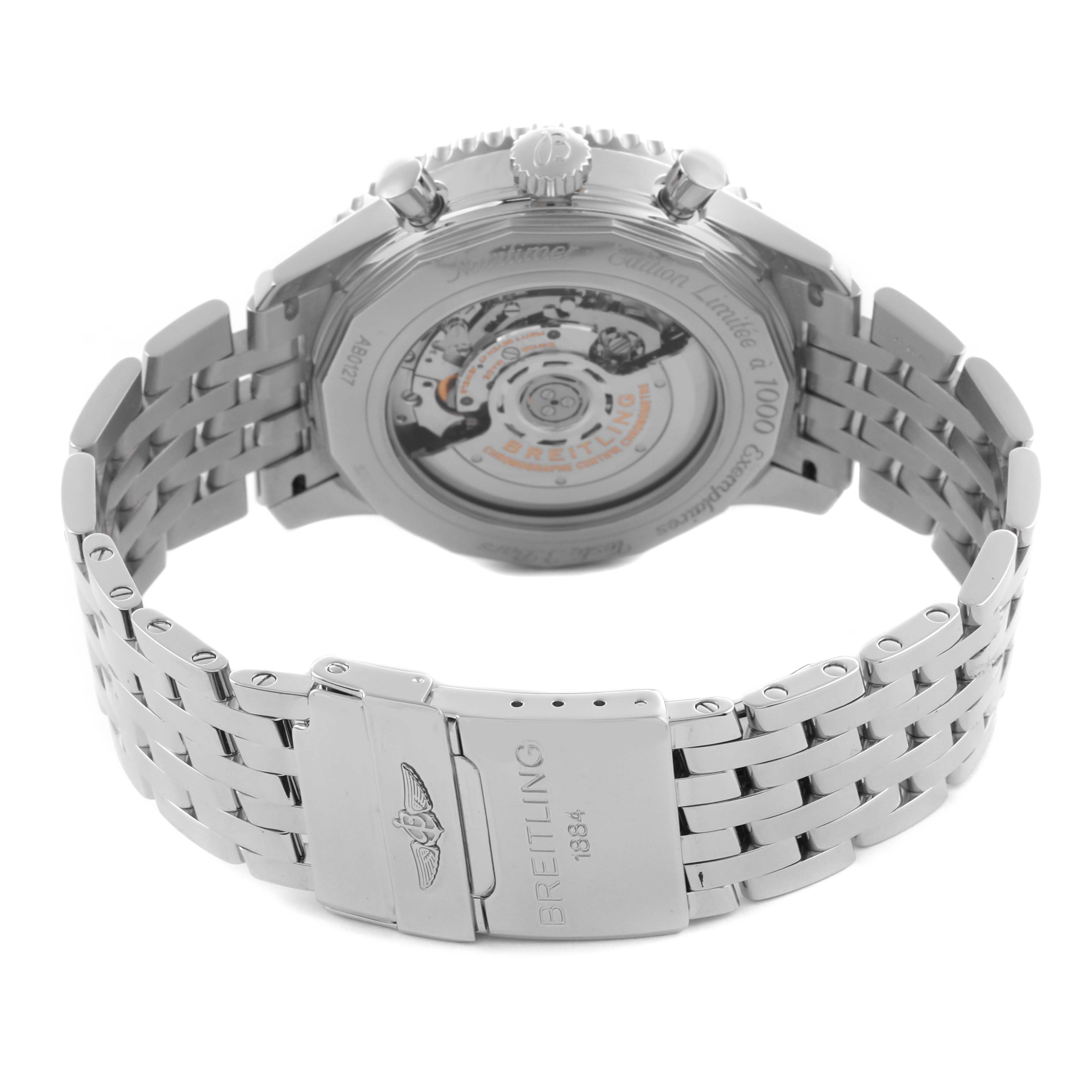 This image shows the back view of a Breitling Navitimer AB0127E3/BE81 Men
s Stainless Steel Black Dial AB0127E3/BE81 Men
s Stainless Steel Black Dial, highlighting its transparent caseback and metal bracelet clasp.