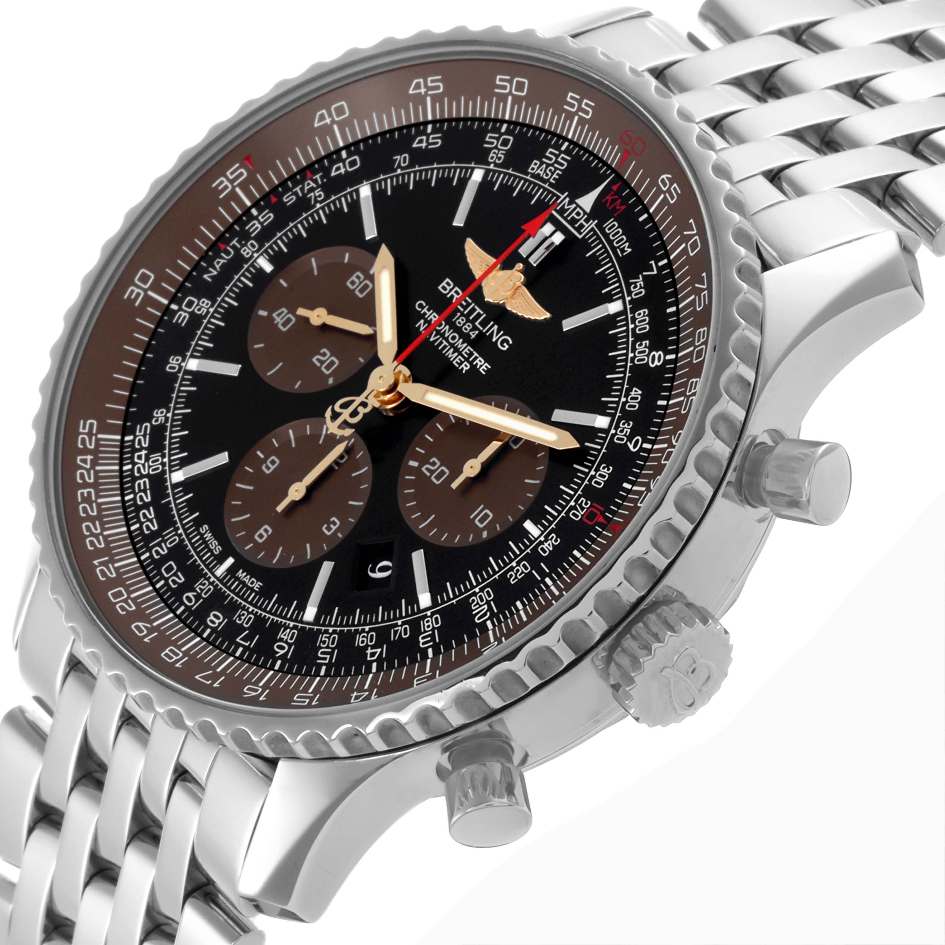 The Breitling Navitimer AB0127E3/BE81 Men
s Stainless Steel Black Dial AB0127E3/BE81 Men
s Stainless Steel Black Dial watch is shown at an angled close-up, displaying the chronograph dial, bezel, crown, and bracelet.