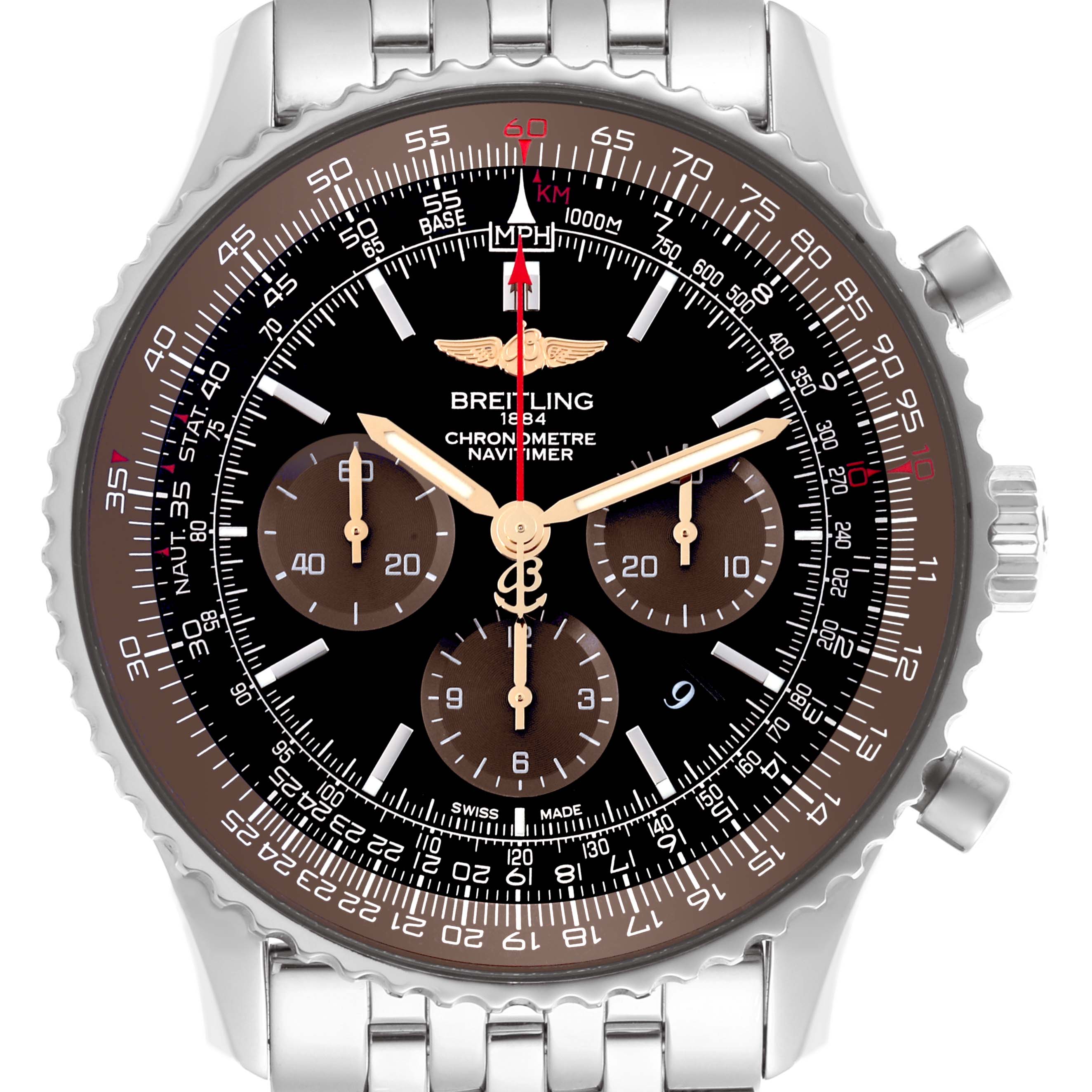 The Breitling Navitimer AB0127E3/BE81 Men
s Stainless Steel Black Dial AB0127E3/BE81 Men
s Stainless Steel Black Dial watch is shown from a front angle, highlighting the dial, bezel, and bracelet.