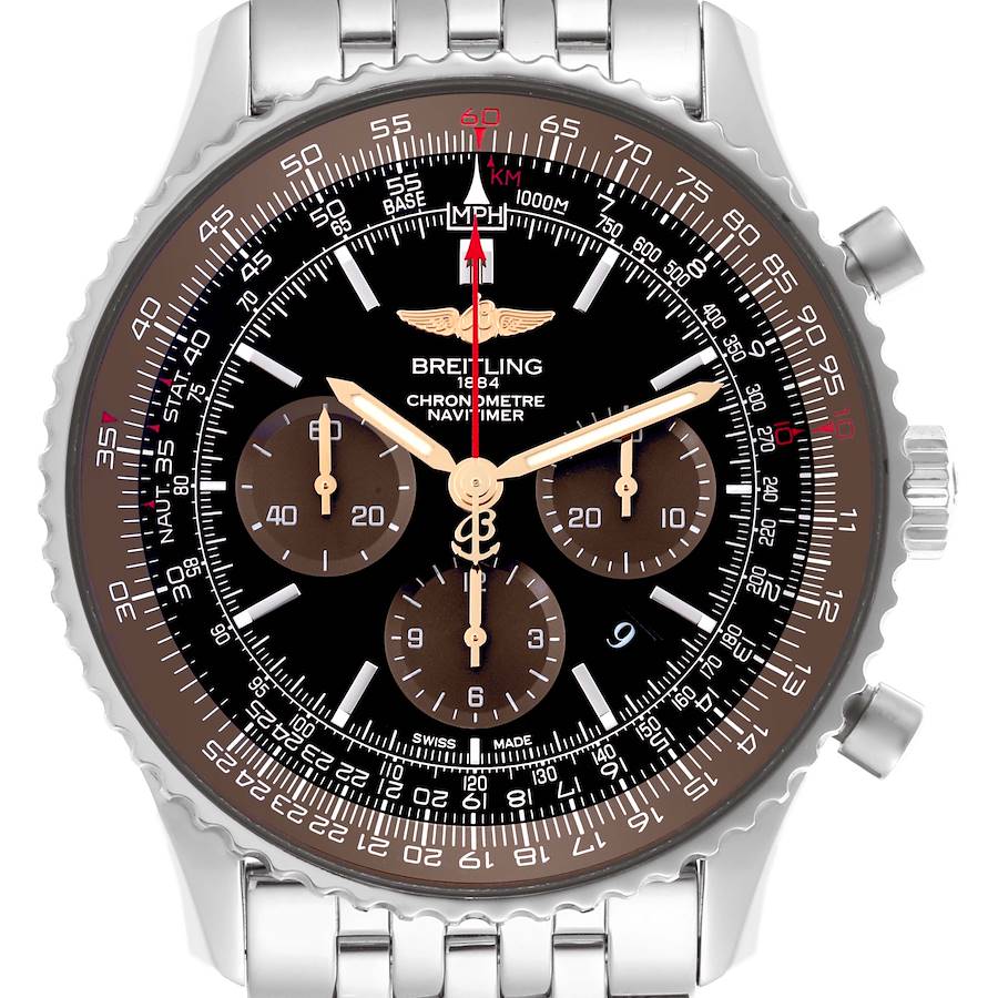 The Breitling Navitimer watch is shown from a front angle, highlighting the dial, bezel, and bracelet.