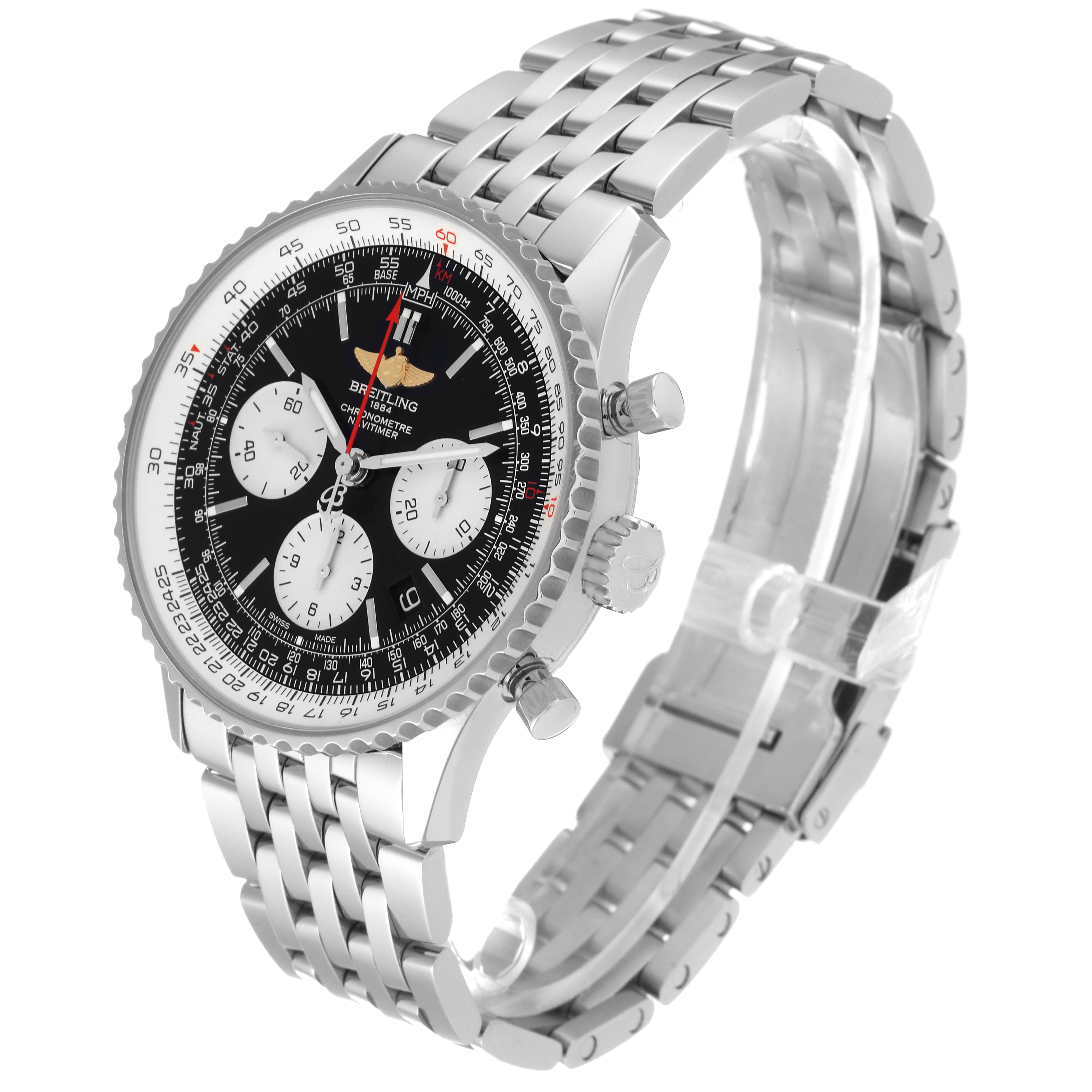 The image shows a Breitling Navitimer AB0120 Men's Stainless Steel Black Dial AB0120 Men's Stainless Steel Black Dial watch at an angle displaying its face, dials, crown, pushers, and stainless steel bracelet.