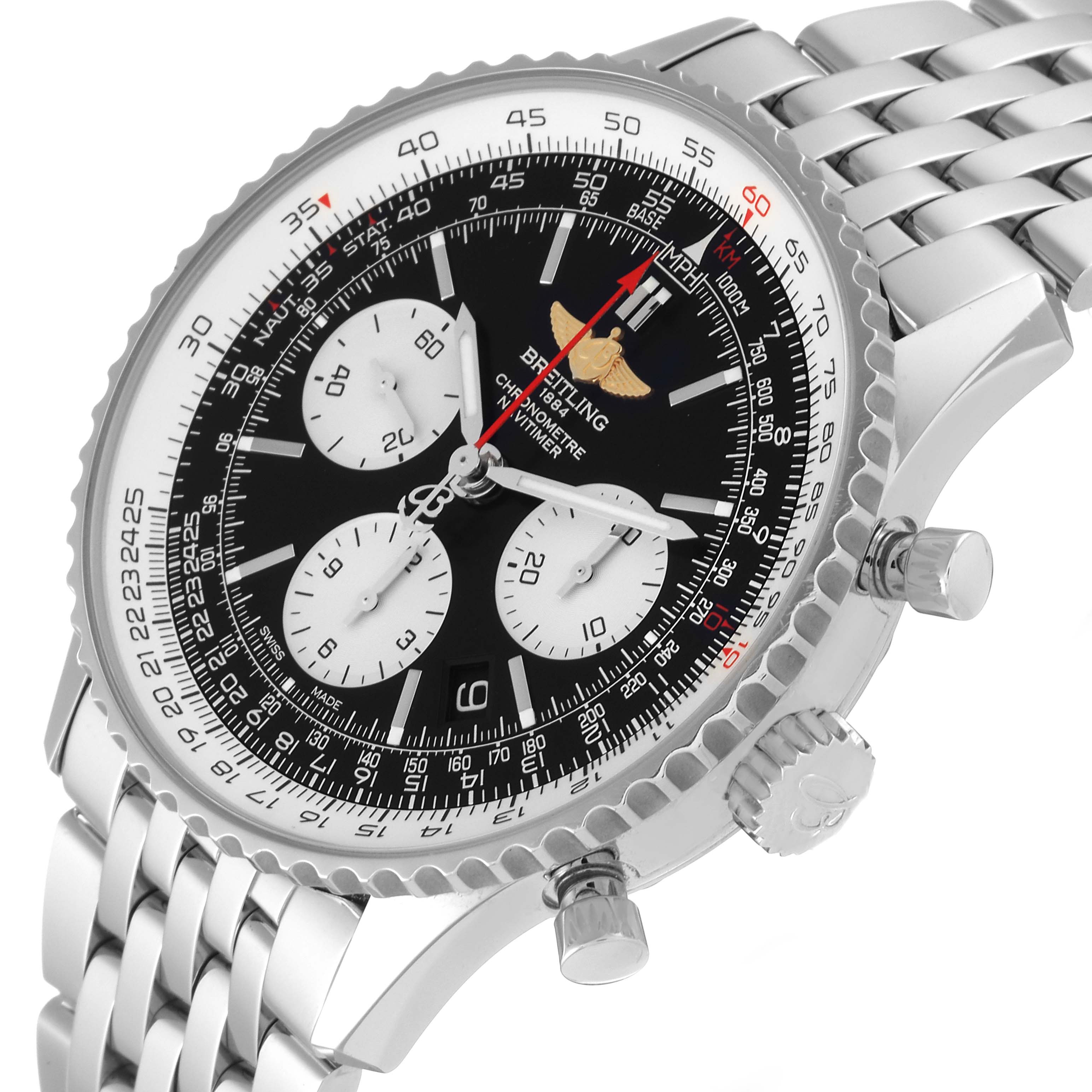This image shows a side angle of a Breitling Navitimer AB0120 Men's Stainless Steel Black Dial AB0120 Men's Stainless Steel Black Dial watch, highlighting the face, bezel, and stainless steel bracelet.