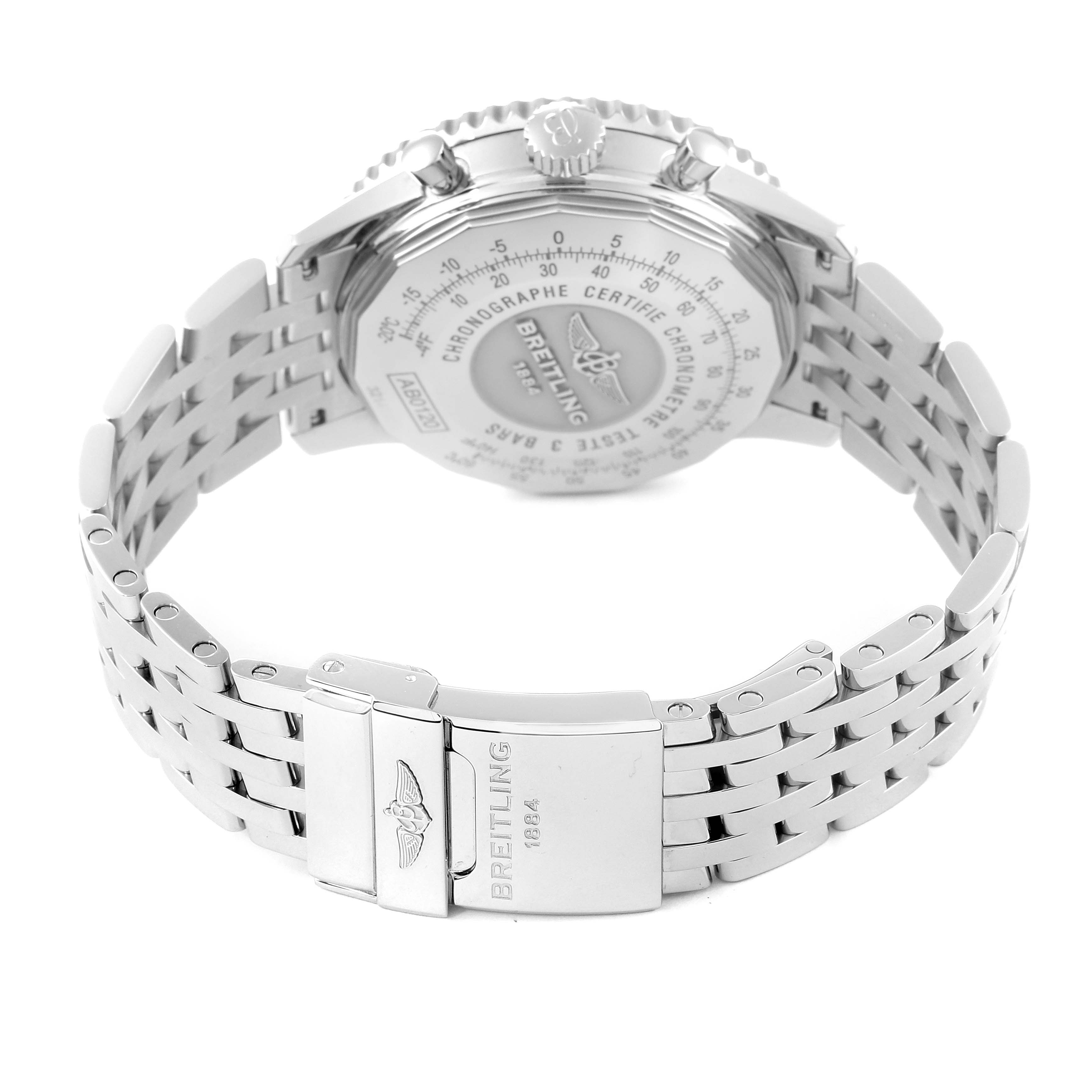 The image shows the back view of a Breitling Navitimer AB0120 Men's Stainless Steel Black Dial AB0120 Men's Stainless Steel Black Dial watch, highlighting its clasp and stainless steel bracelet.