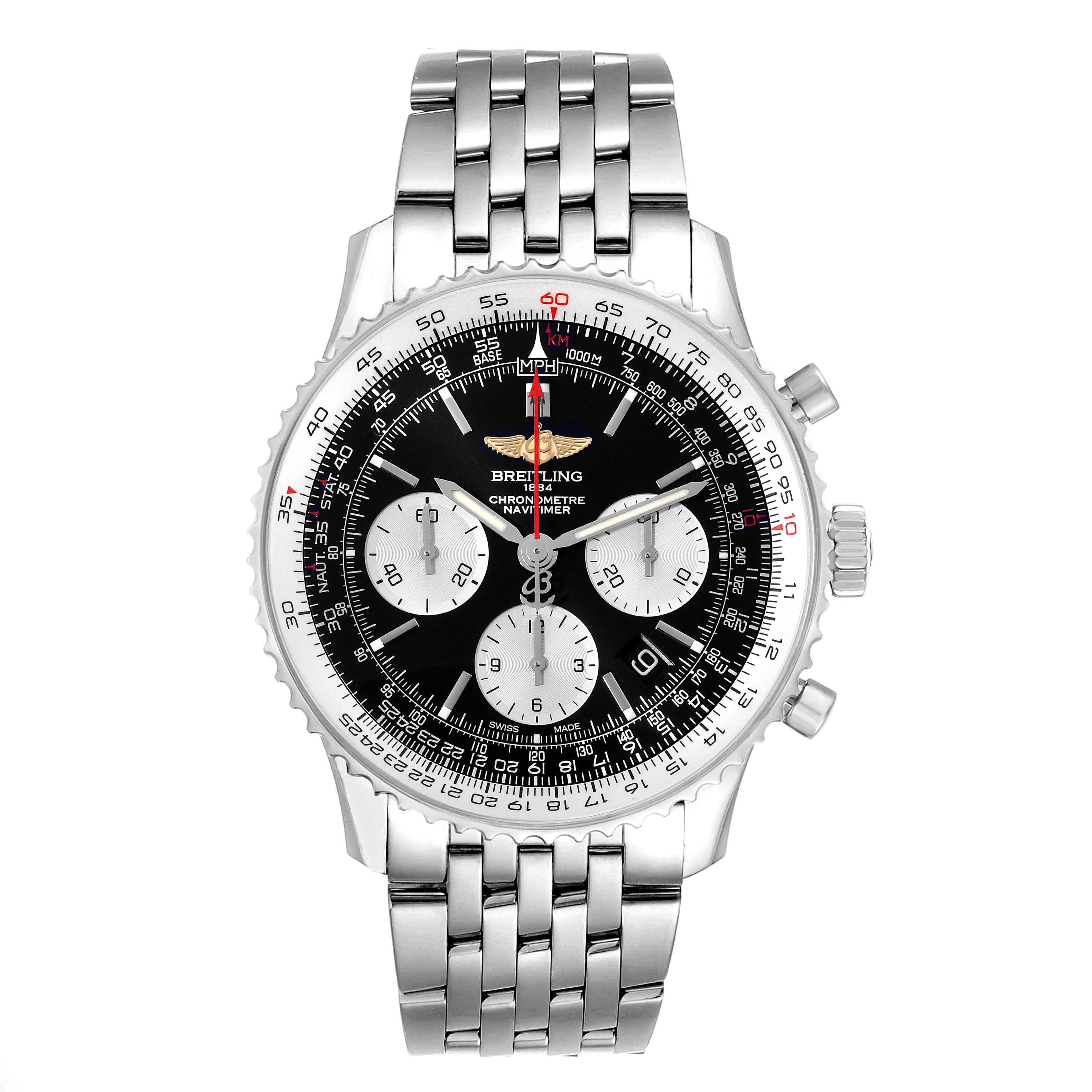 The image shows a Breitling Navitimer AB0120 Men's Stainless Steel Black Dial AB0120 Men's Stainless Steel Black Dial watch from a top-down angle, displaying its face, bezel, and stainless steel bracelet.