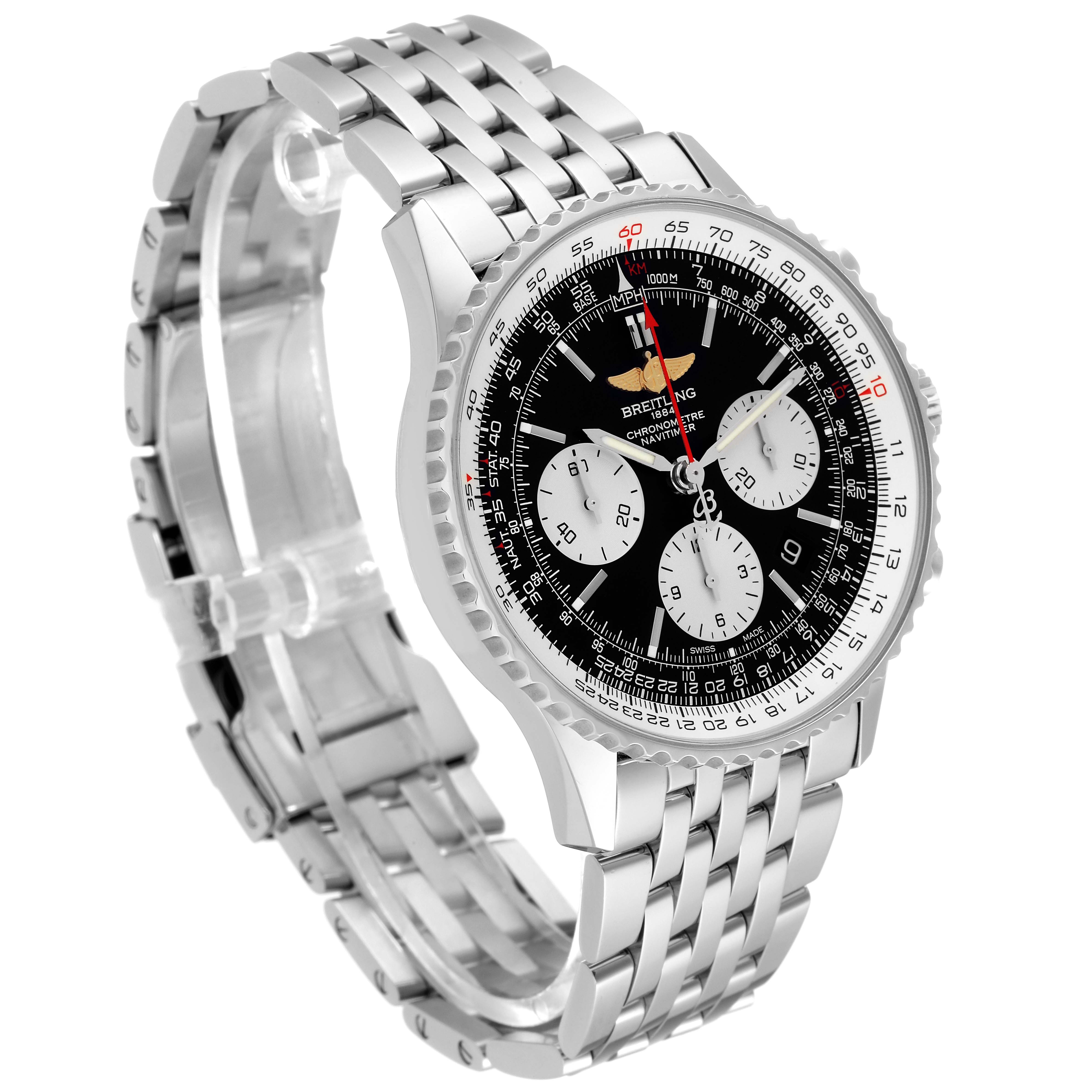 This image shows a Breitling Navitimer AB0120 Men's Stainless Steel Black Dial AB0120 Men's Stainless Steel Black Dial watch from a front-side angle displaying its face, bezel, and bracelet.