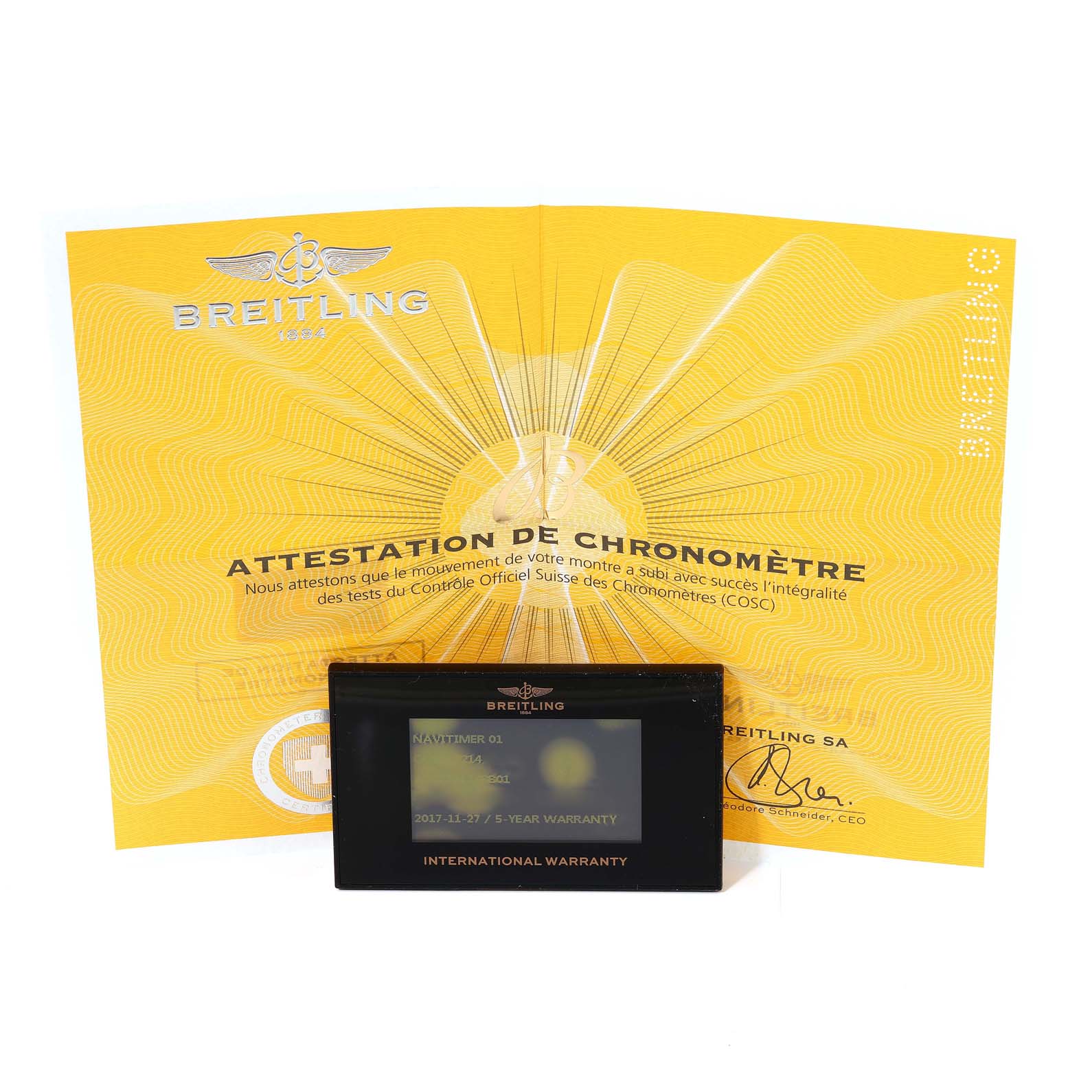 The image shows the certificate and international warranty card for a Breitling Navitimer AB0120 Men's Stainless Steel Black Dial AB0120 Men's Stainless Steel Black Dial watch.