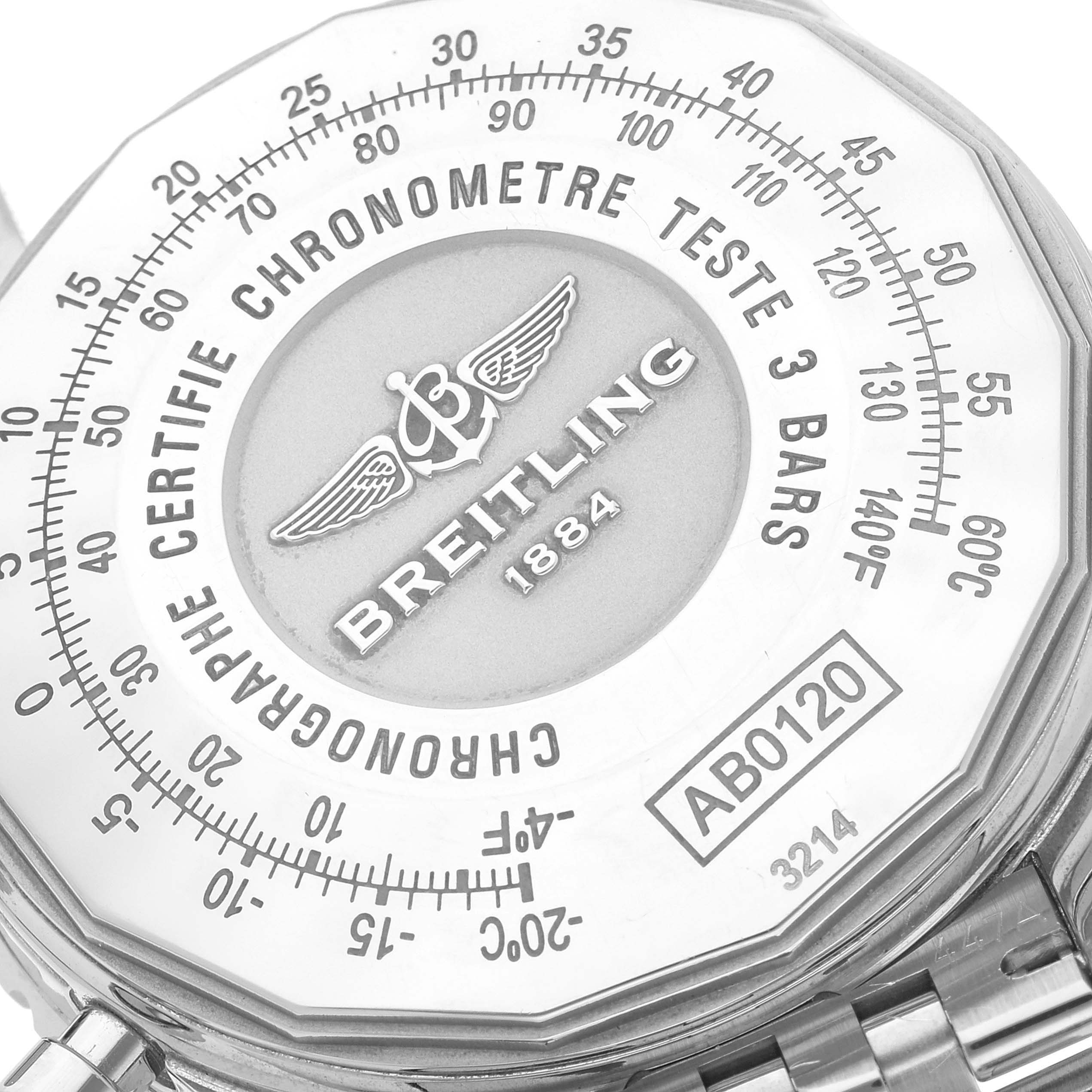 This image shows the case back of a Breitling Navitimer AB0120 Men's Stainless Steel Black Dial AB0120 Men's Stainless Steel Black Dial watch, displaying its certification and model number.