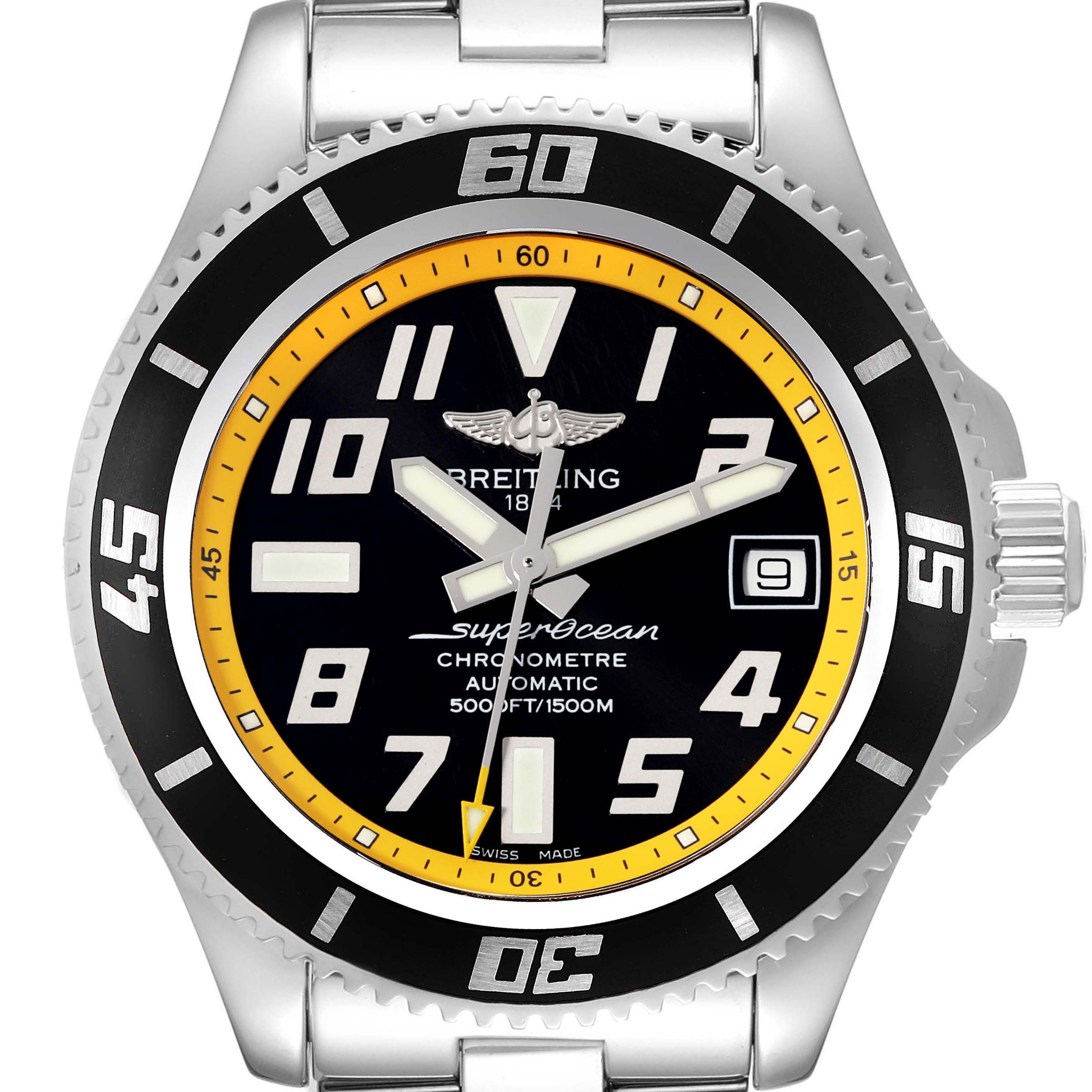 This image shows a front view of the Breitling Superocean A17364 Men's Stainless Steel Black Dial A17364 Men's Stainless Steel Black Dial watch showcasing its bezel, dial, hands, and crown.