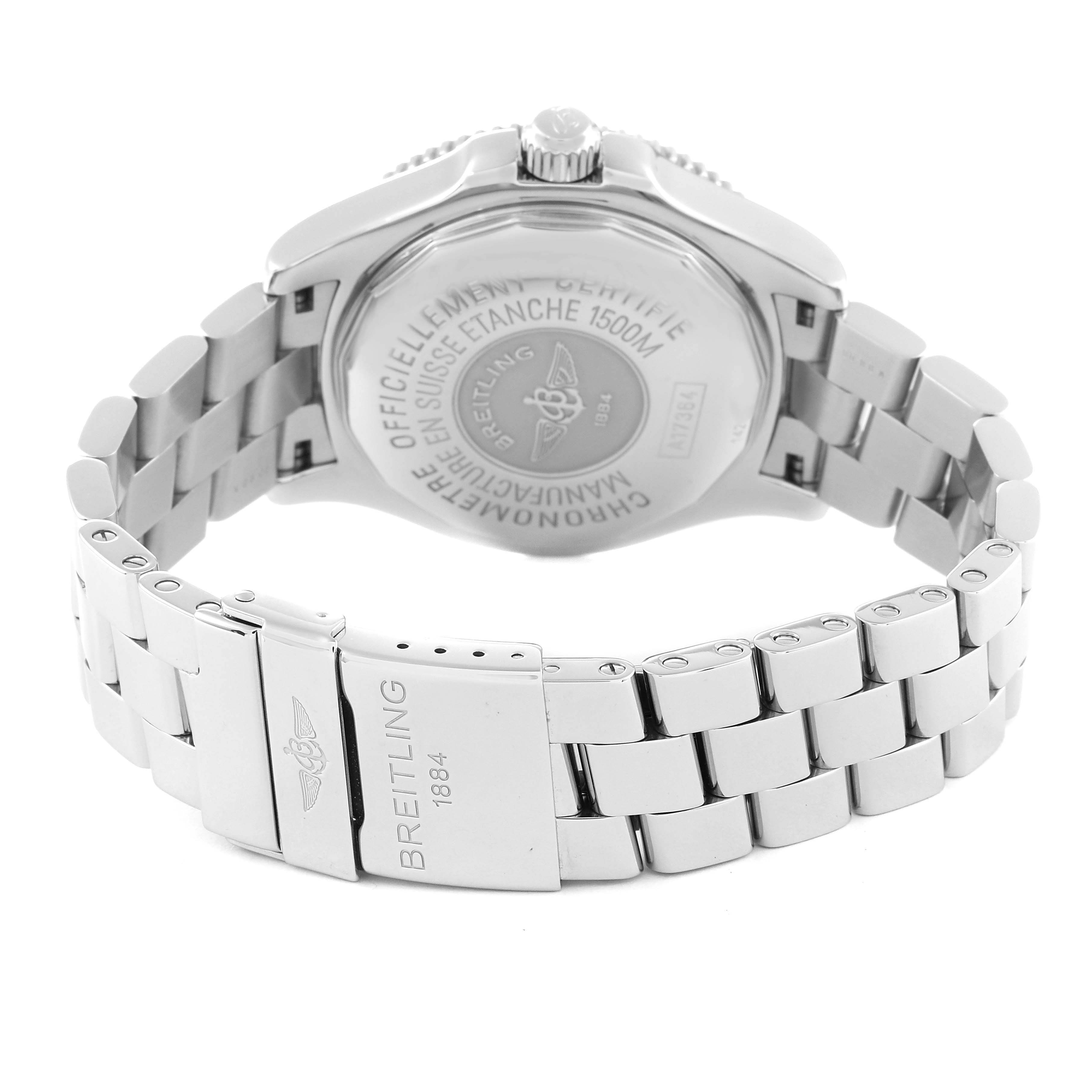 The image shows the back view of a Breitling Superocean A17364 Men's Stainless Steel Black Dial A17364 Men's Stainless Steel Black Dial watch and its metal bracelet with the clasp open.