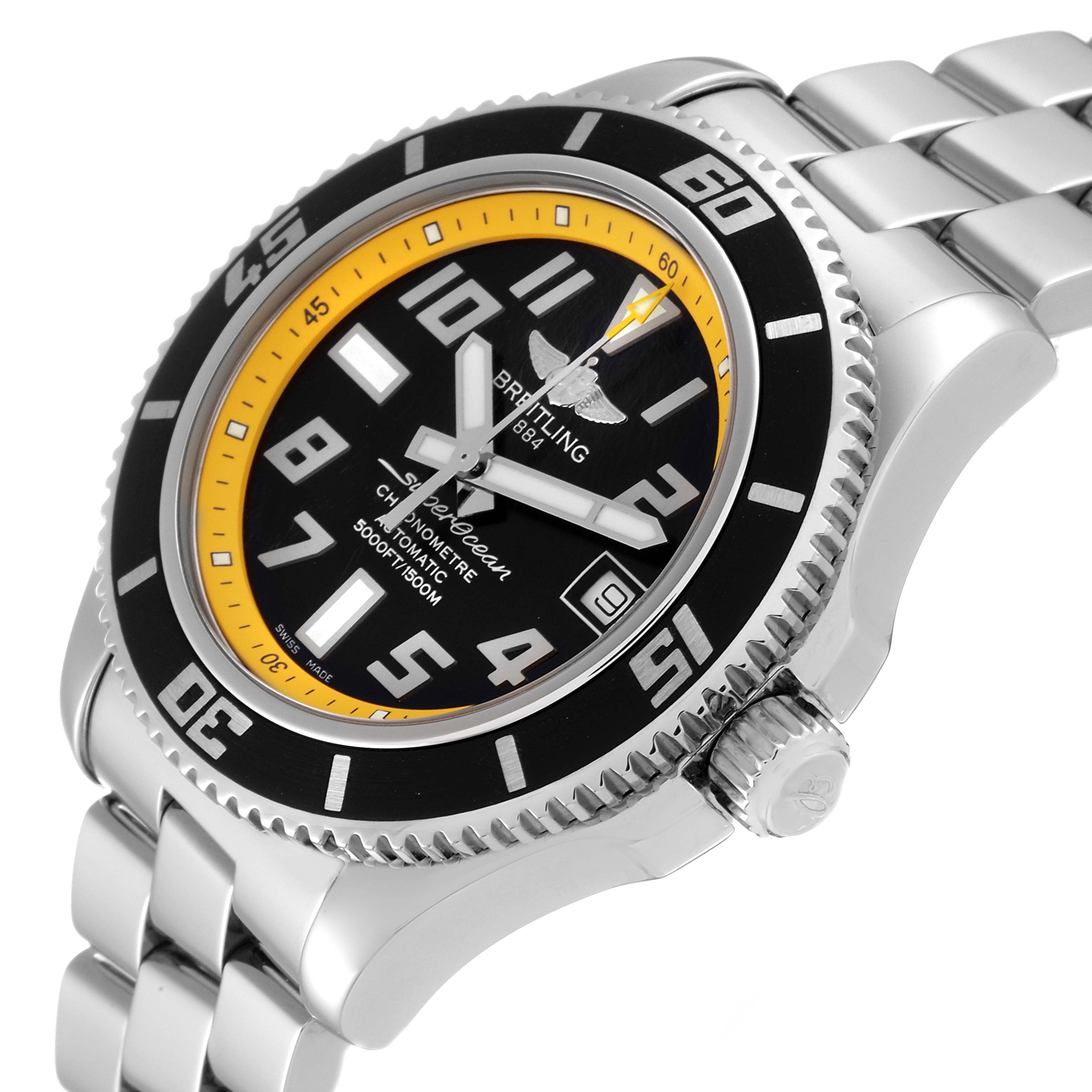 The Breitling Superocean A17364 Men's Stainless Steel Black Dial A17364 Men's Stainless Steel Black Dial watch is shown at an angled side view, displaying the face, bezel, crown, and part of the bracelet.