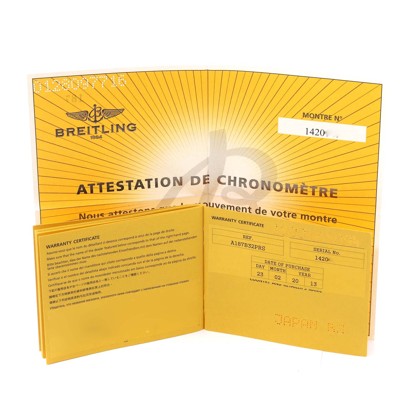 This image shows the warranty certificate and chronometer attestation paperwork for the Breitling Superocean A17364 Men's Stainless Steel Black Dial A17364 Men's Stainless Steel Black Dial watch.