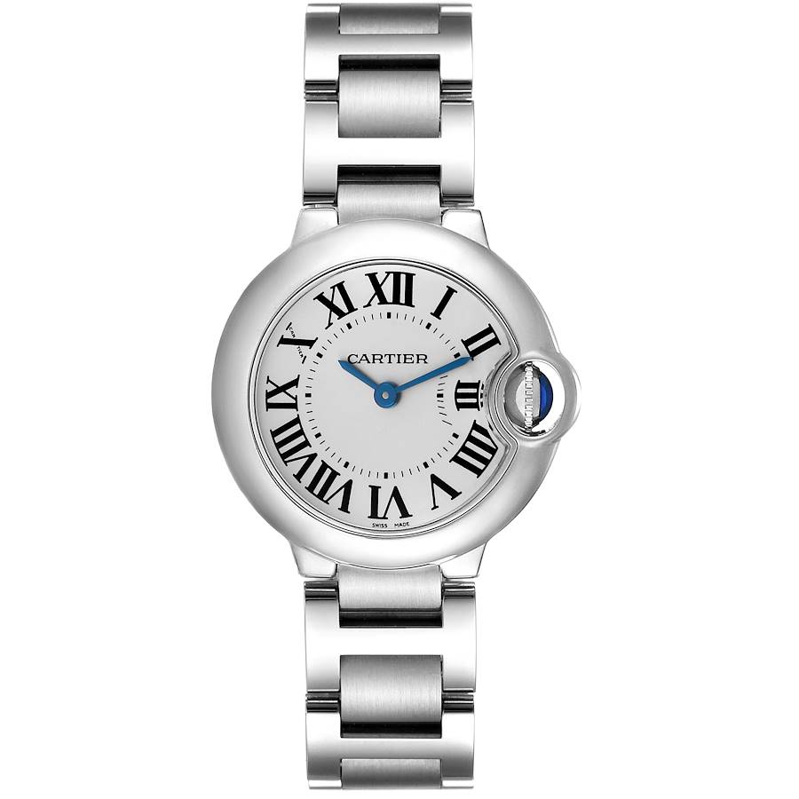 The image shows a front view of a Cartier Ballon Bleu watch, highlighting its face and metallic bracelet.