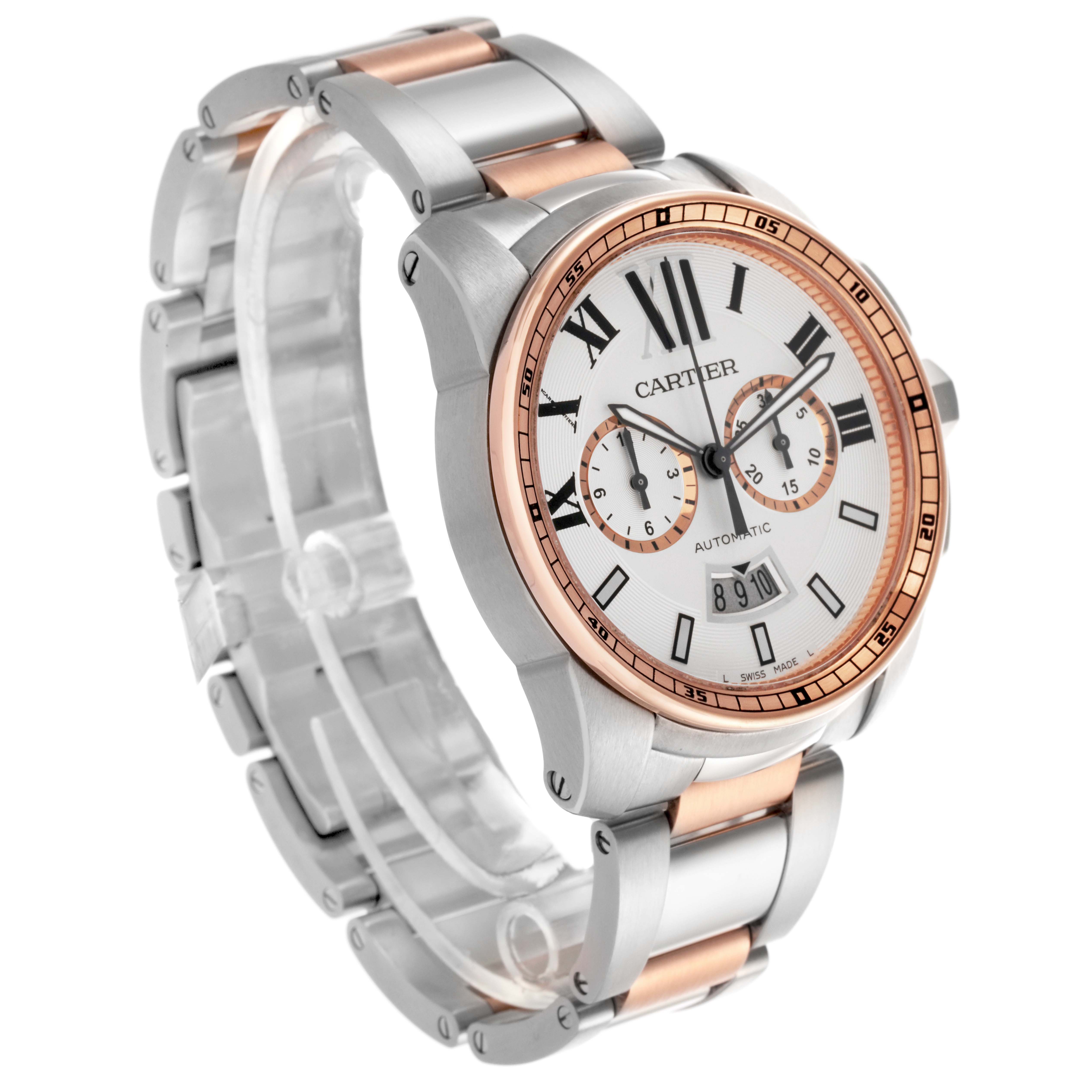 The Calibre de Cartier watch is shown at a three-quarter angle, highlighting the face, bezel, and bracelet.