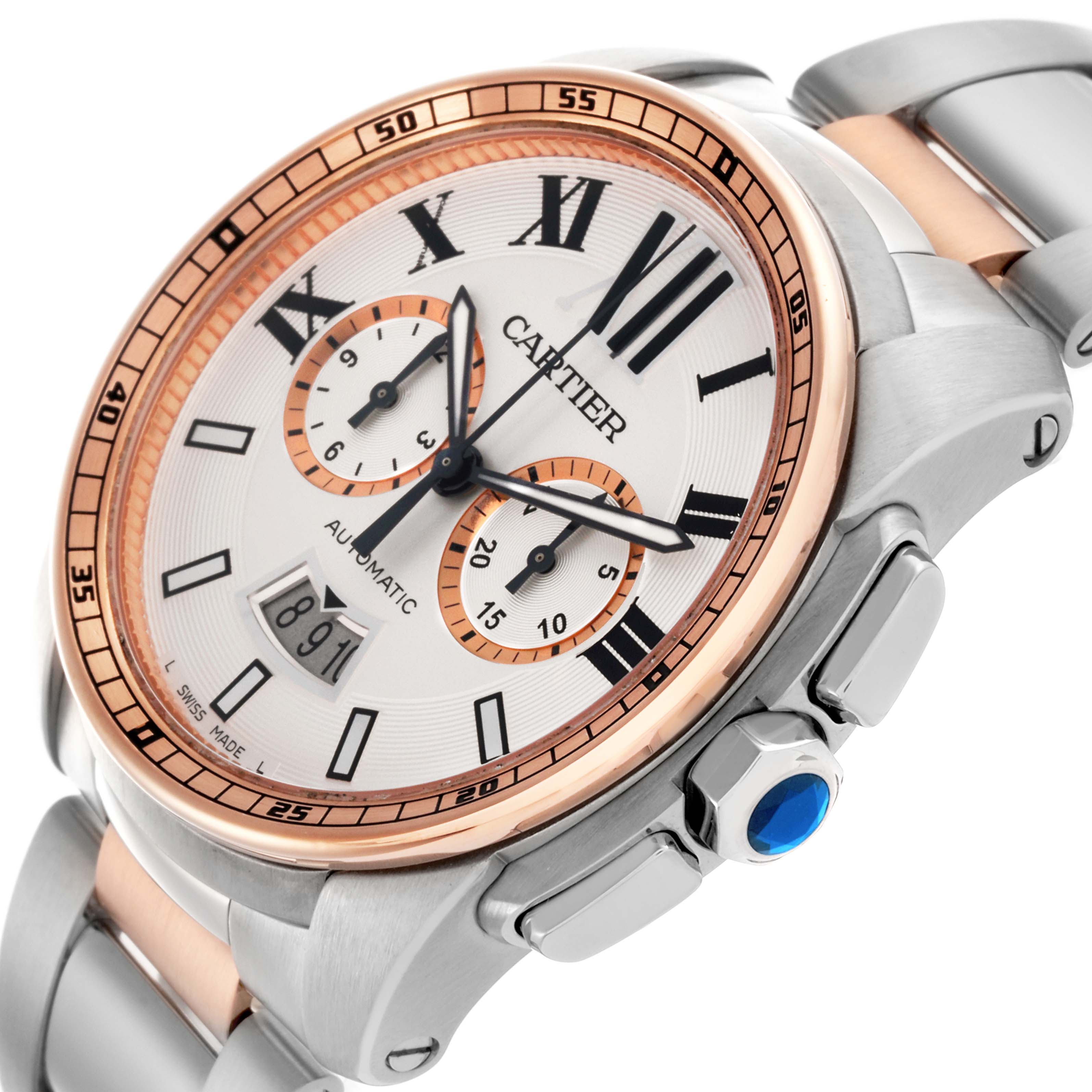 The Calibre de Cartier watch is shown at an angled view, highlighting the silver and rose gold bezel, chronograph dials, and bracelet.