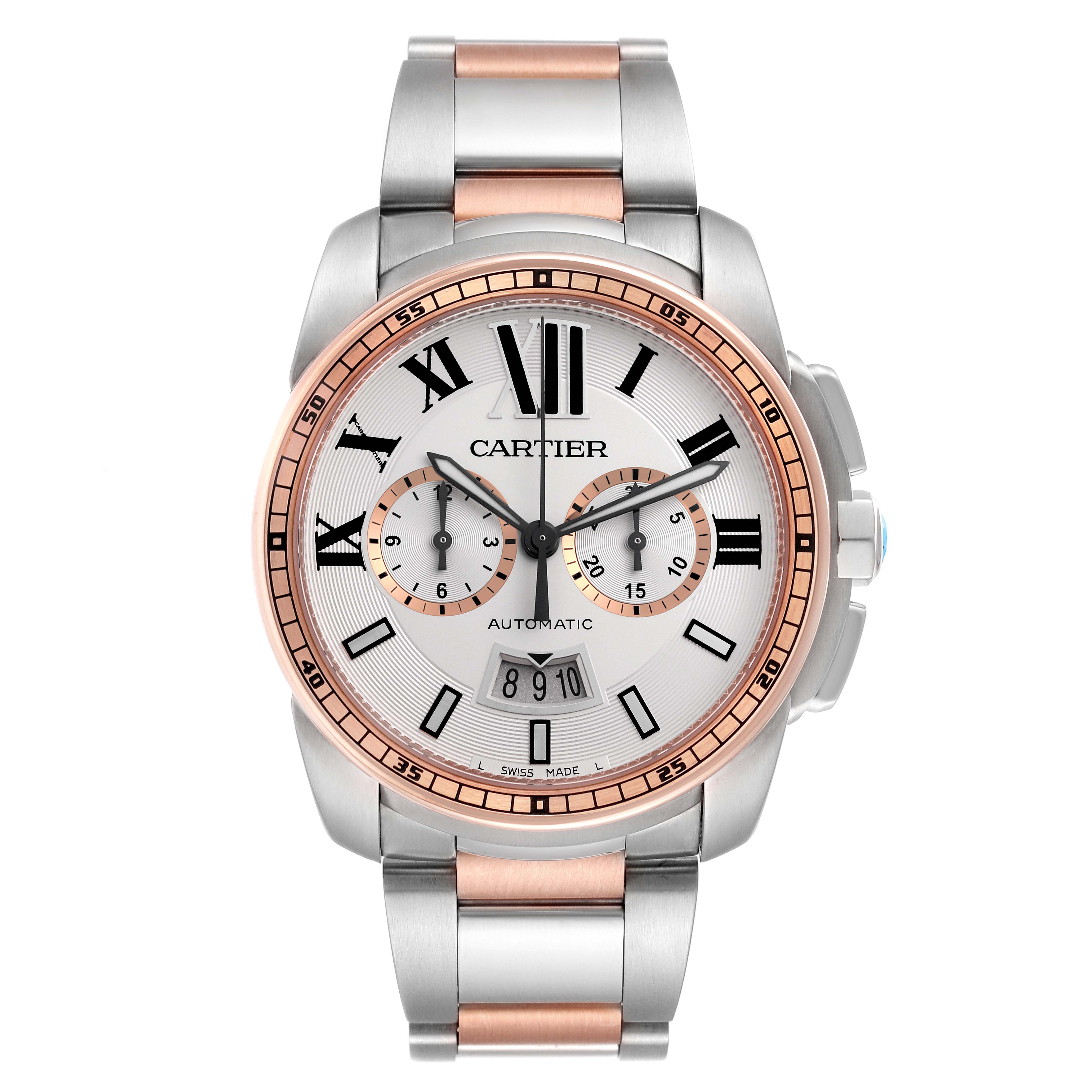 The Calibre de Cartier watch is shown from a frontal angle, highlighting its dial, bezel, and bracelet.