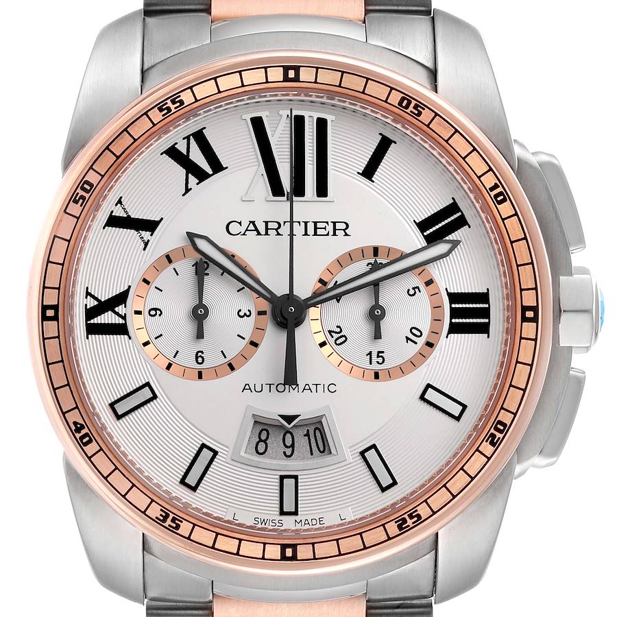 The image shows a close-up of the Calibre de Cartier watch face, highlighting its dial, hands, and chronograph subdials.