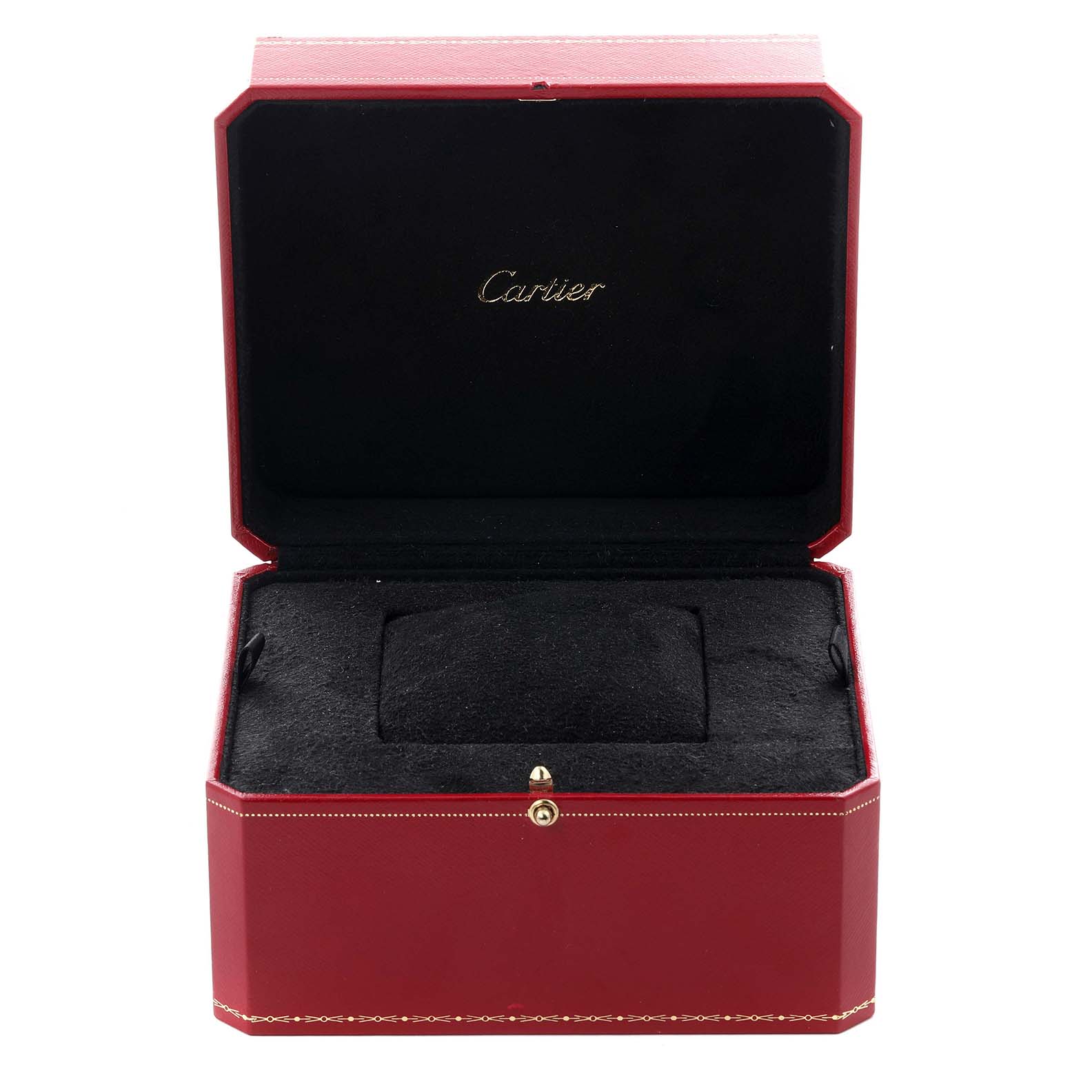 The image shows an open Cartier watch box for the Calibre de Cartier model, highlighting the red and black interior.
