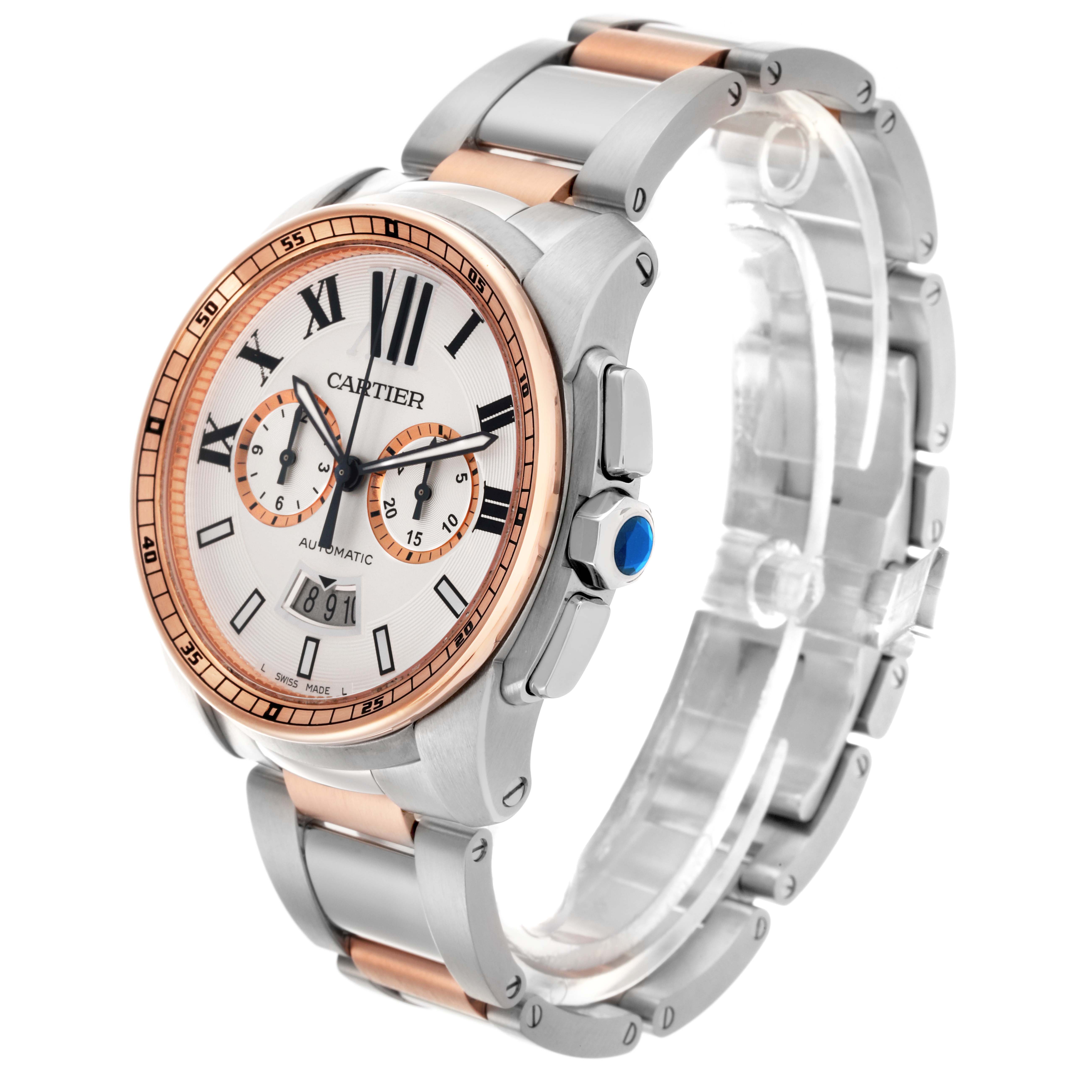 The Calibre de Cartier watch is shown at an angled side view, displaying the face, bezel, bracelet, and crown.