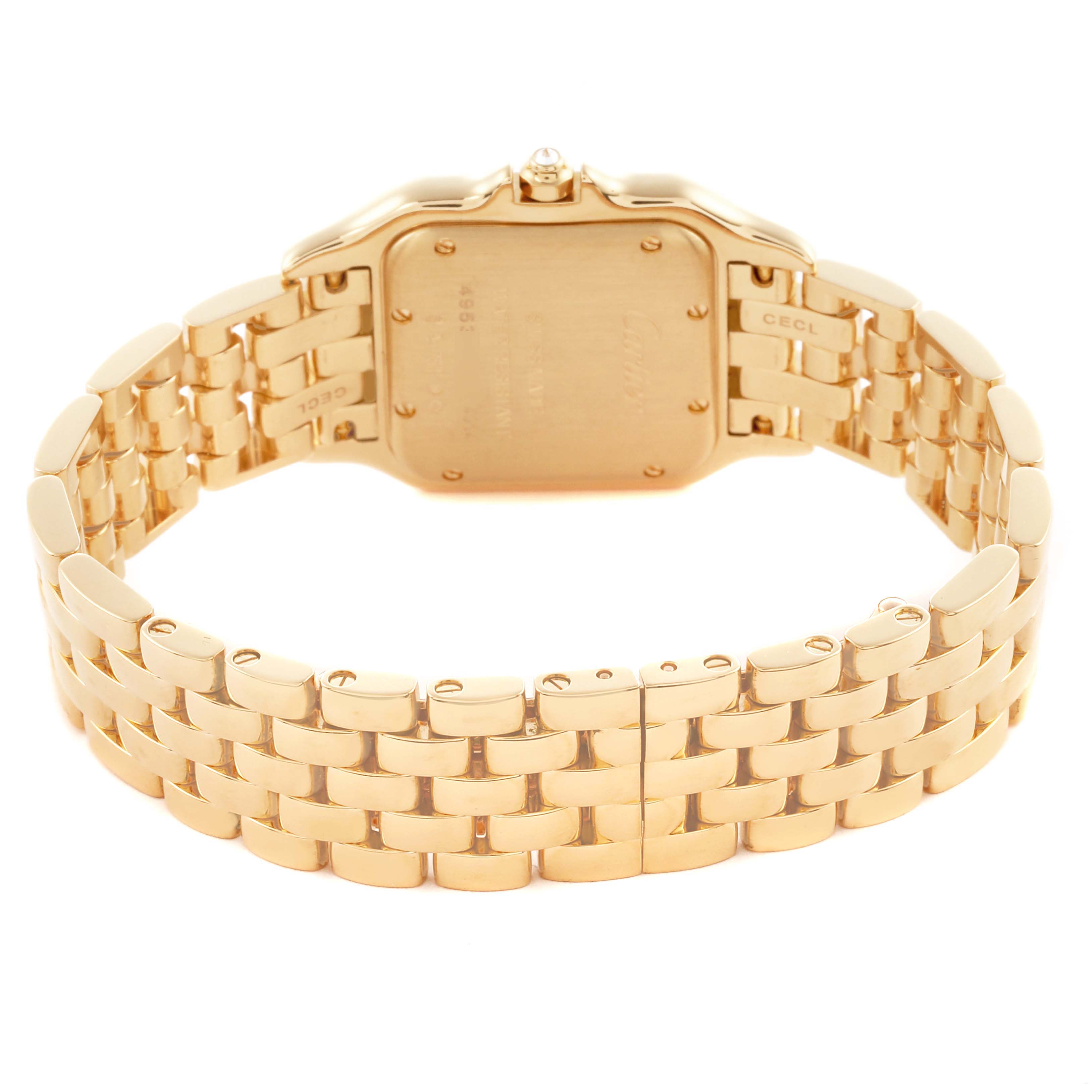 The Cartier Panthere WJPN0016 Women's Yellow Gold Silver Dial WJPN0016 Women's Yellow Gold Silver Dial watch is shown from the back, highlighting its square case and gold bracelet.